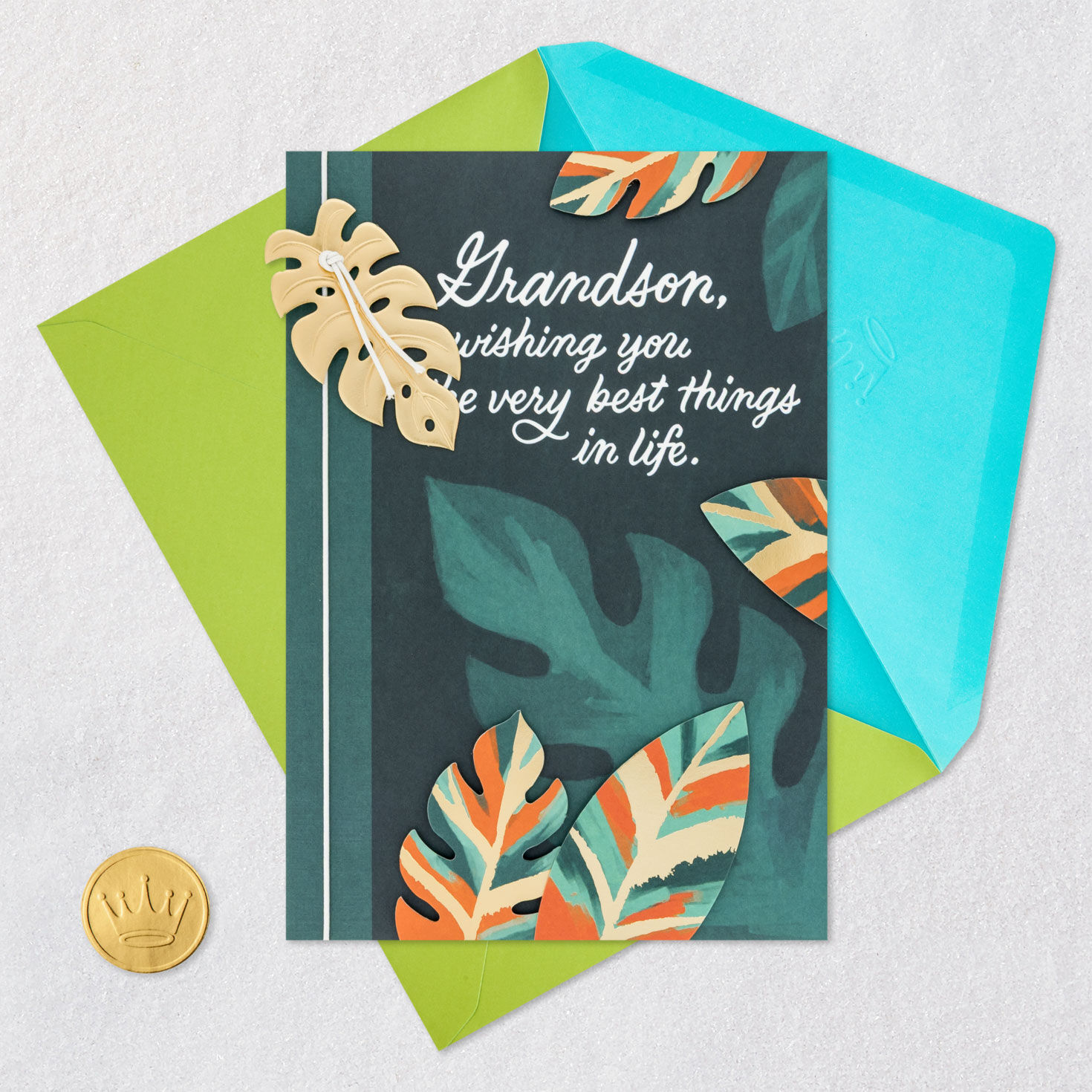 Colorful Monstera Leaves Grandson Birthday Card Card Front with Envelope and Gold Seal image number 7
