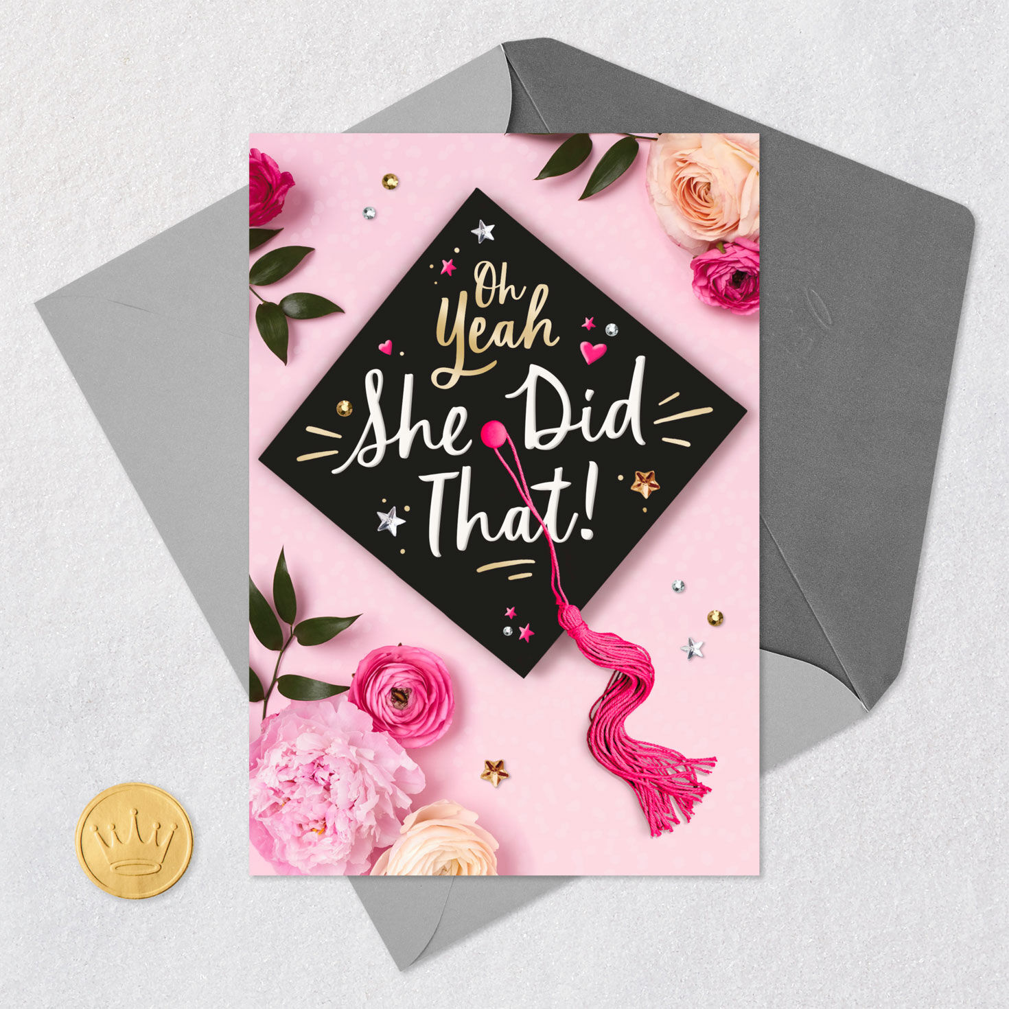 Decorated Cap and Flowers Graduation Card for Her Card Front with Envelope and Gold Seal image number 5