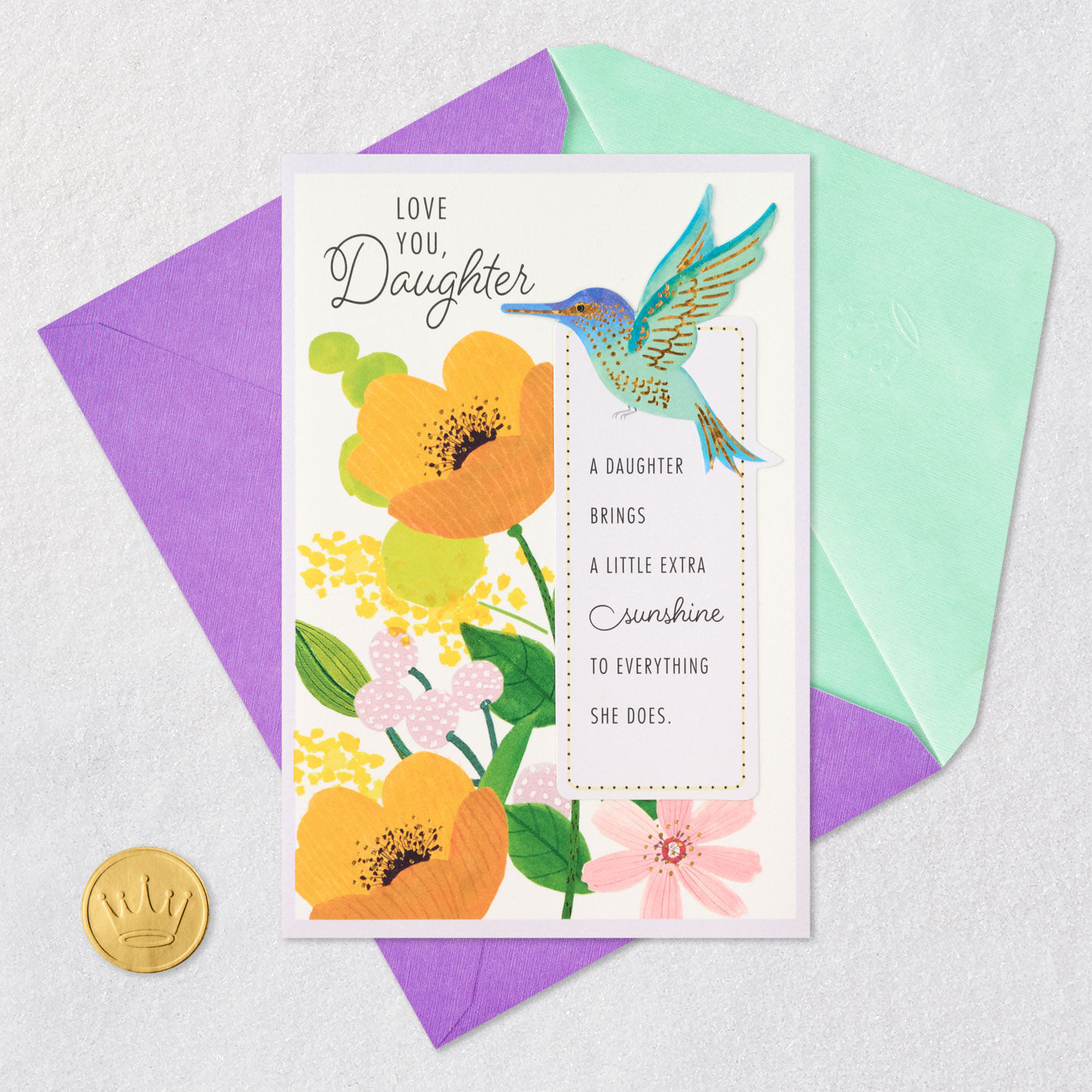 Hummingbird and Flowers Daughter Mother's Day Card Card Front with Envelope and Gold Seal image number 7