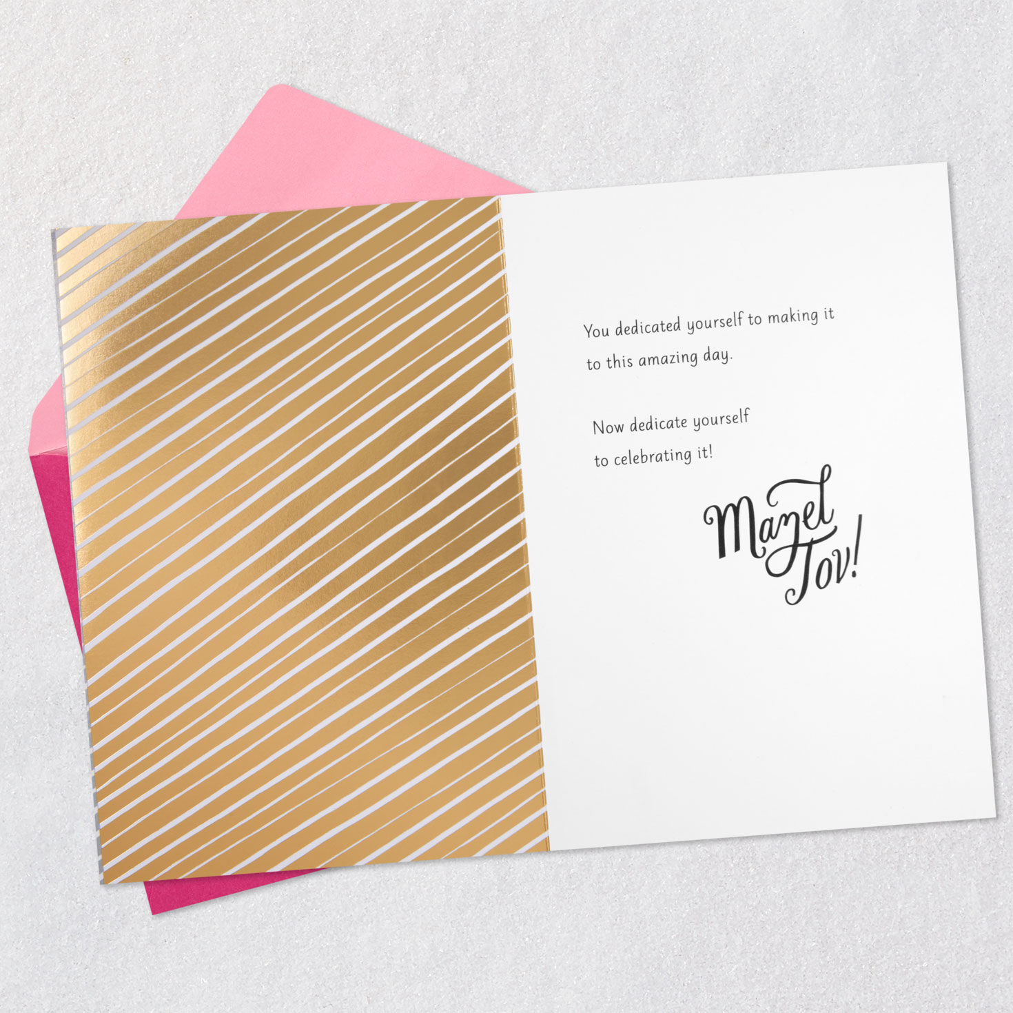 Silver Stripes and Script Bat Mitzvah Card for Her Open card with envelope image number 3