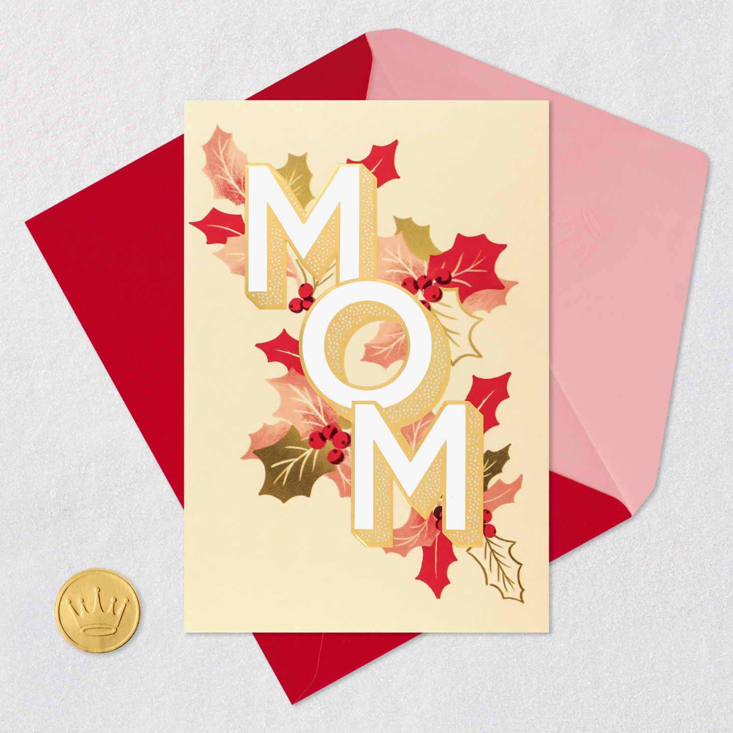 Red and Gold Holly Christmas Card for Mom Card Front with Envelope and Gold Seal image number 6