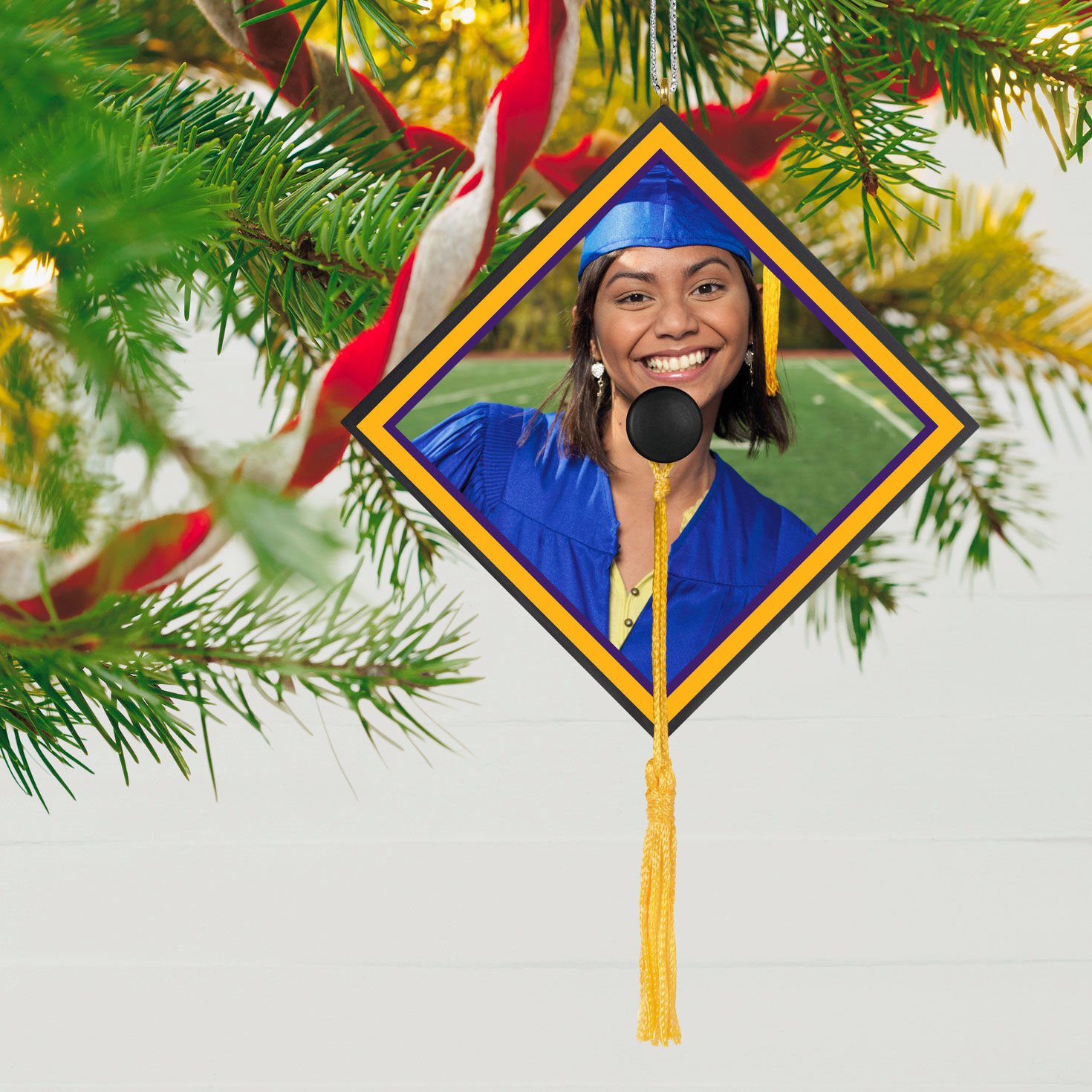 Graduation Cap Photo Personalized Keepsake Ornament hanging on tree image number 3