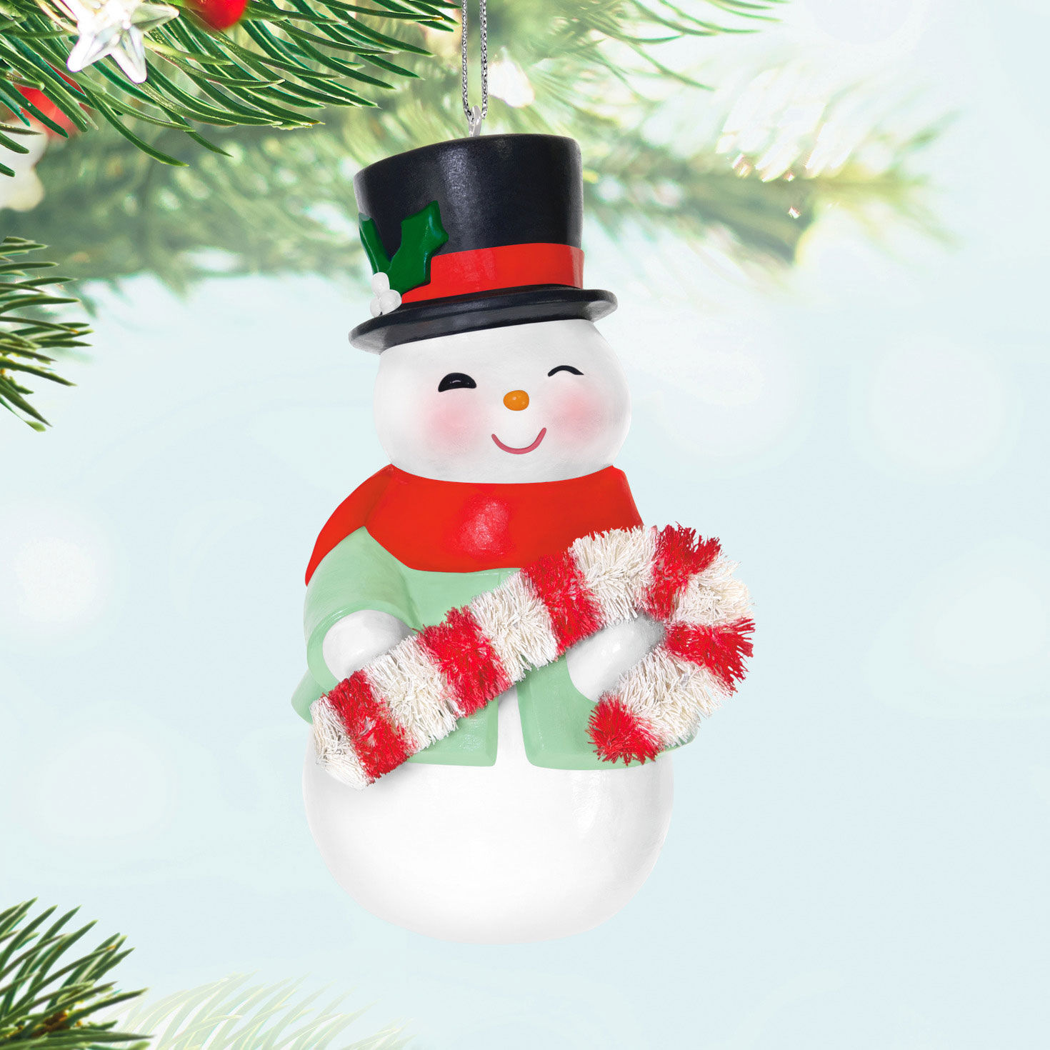 Snowman With Candy Cane Keepsake Ornament Hanging on tree image number 2