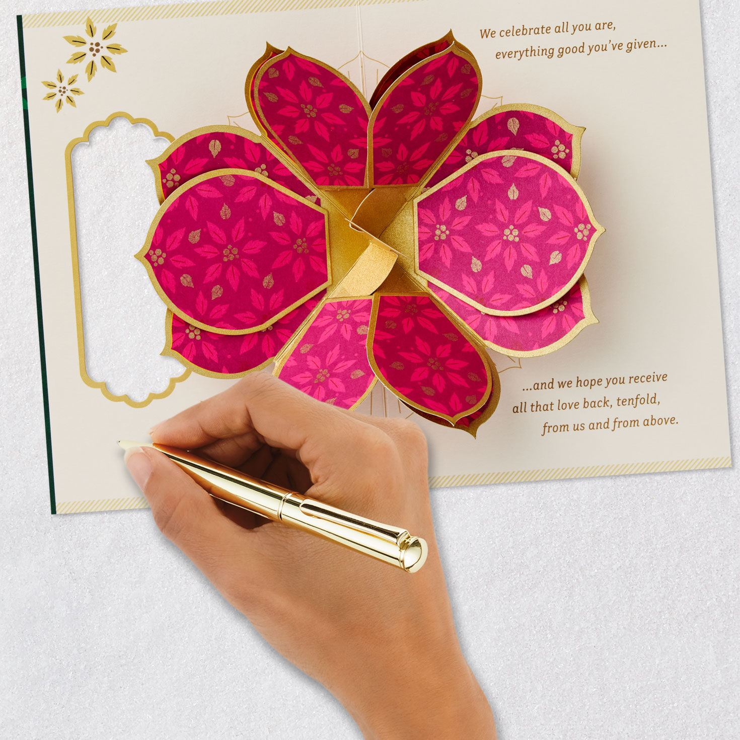 Green and Gold With Pink Pop-Up Poinsettia Christmas Card signing card image number 7