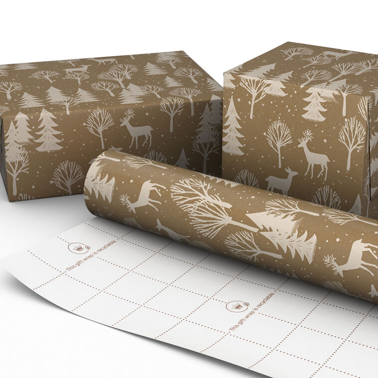 Deer in Trees on Tan Jumbo Christmas Gift Wrap Wrapped pkg image number 2
