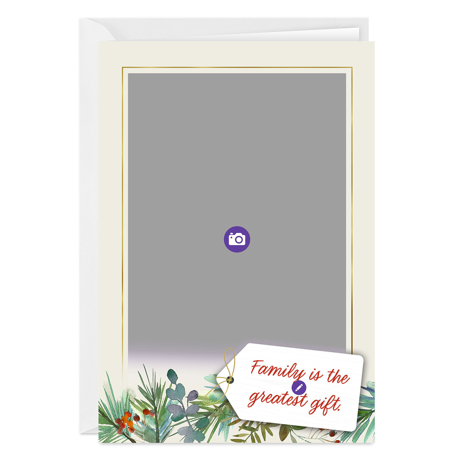 Winter Greens and Tag on Photo Frame Christmas Card Card Front indicating personalization image number 3