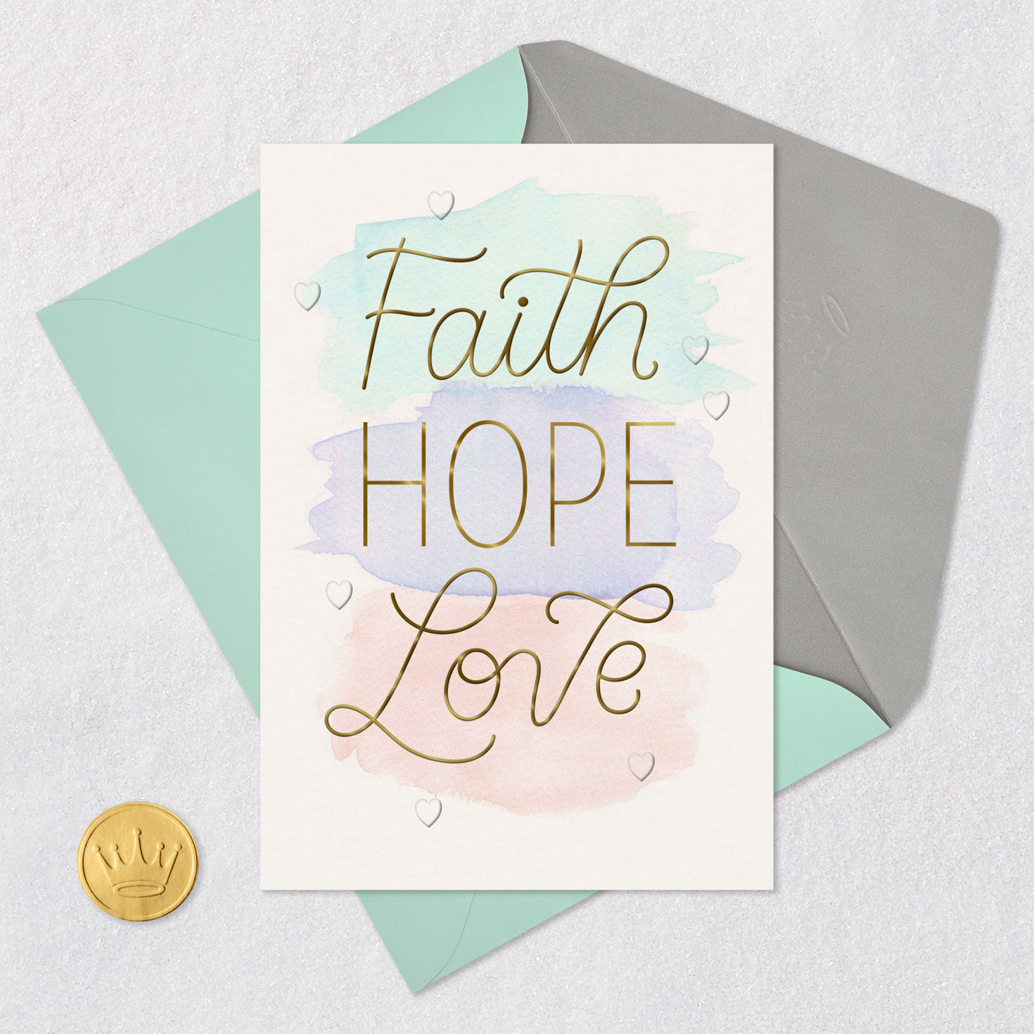 Faith, Hope, Love Watercolor and Hearts Wedding Card Card Front with Envelope and Gold Seal image number 5