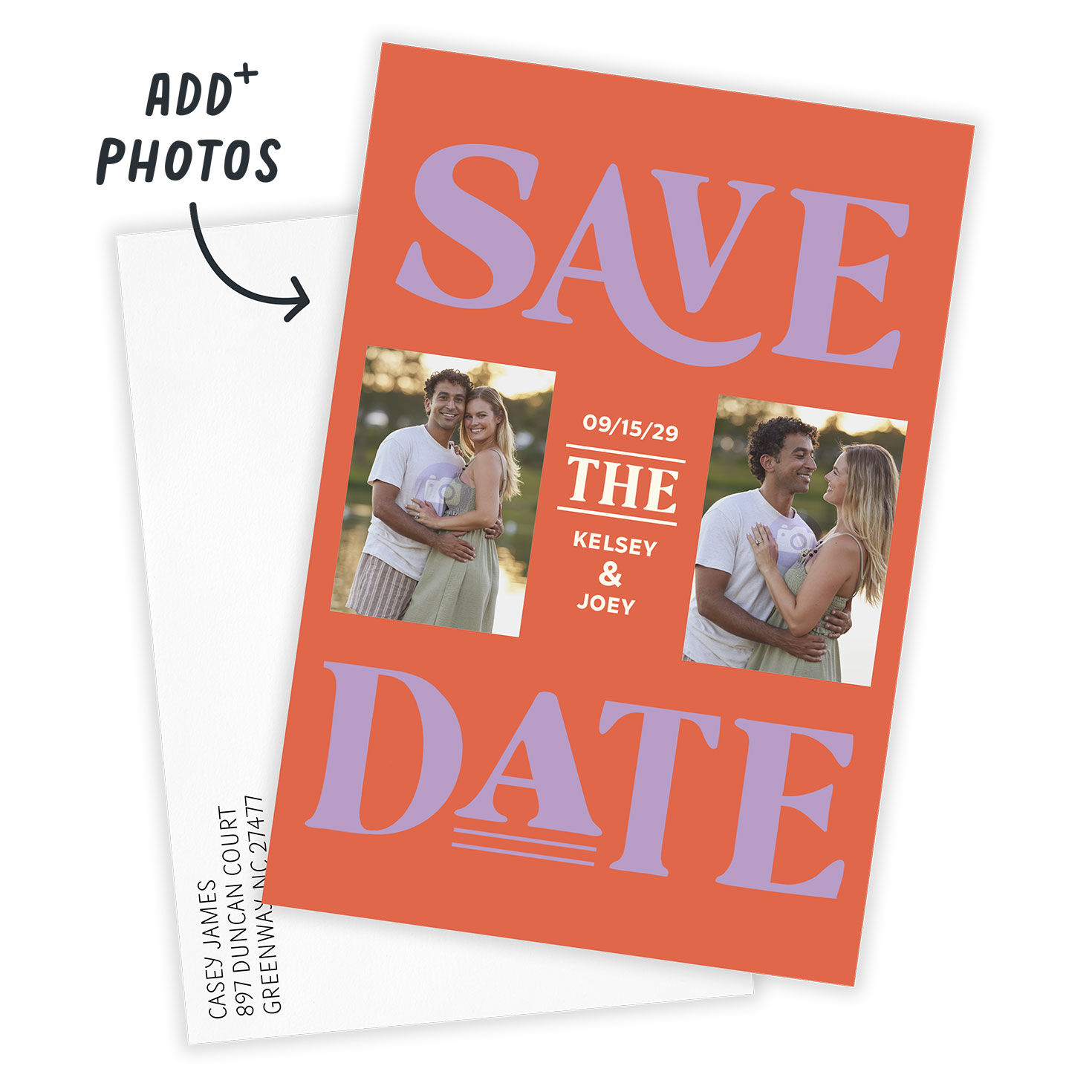 Purple Letters on Orange Personalized Save the Date Card Card front with Envelope indicating personalization image number 2