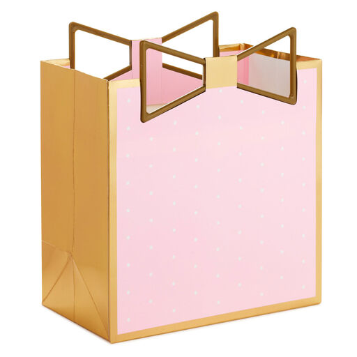 7.7" Pink Polka-Dot Medium Square Gift Bag With Gold Bow Handle, 