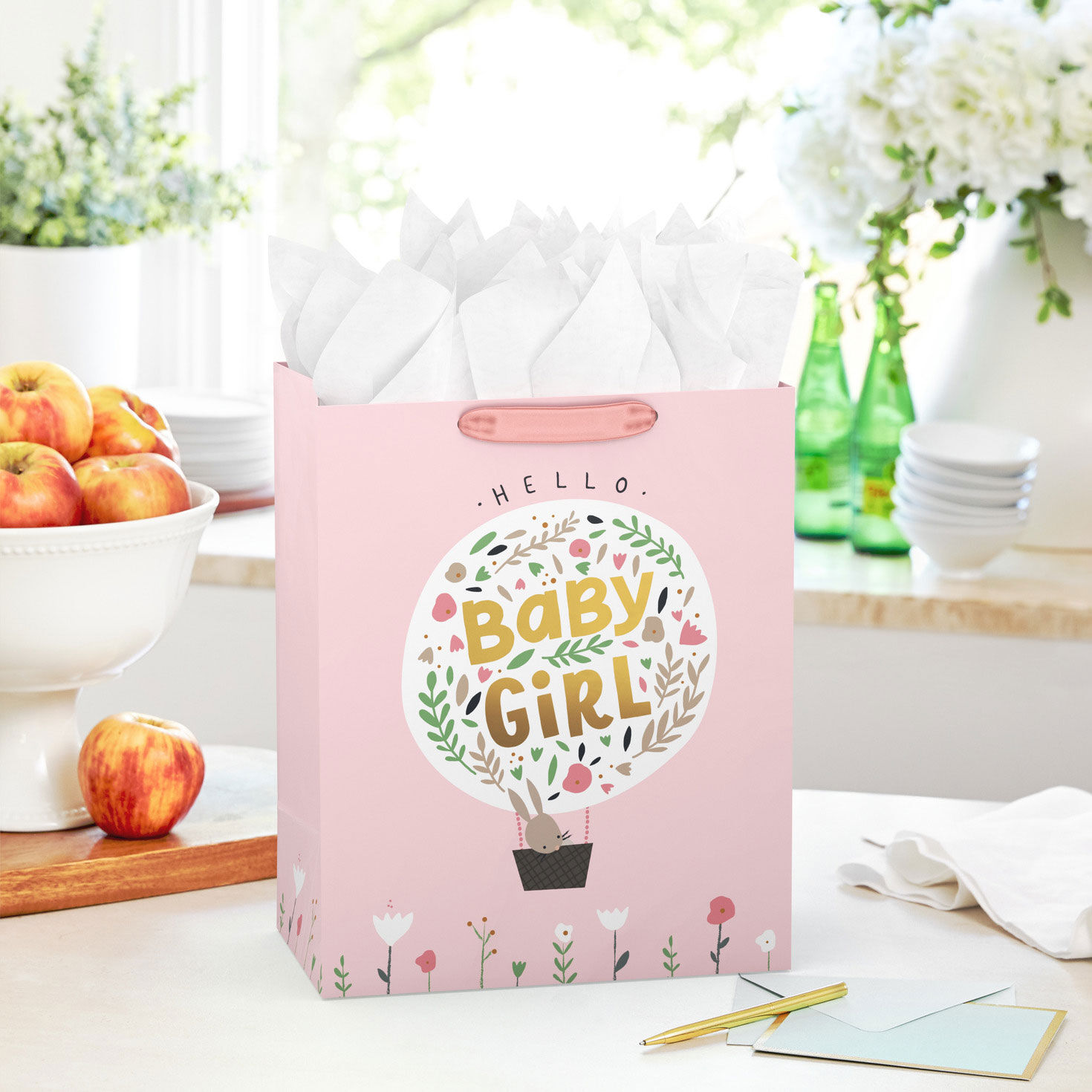 Bunny Balloon on Pink New Baby Gift Bag in use image number 2