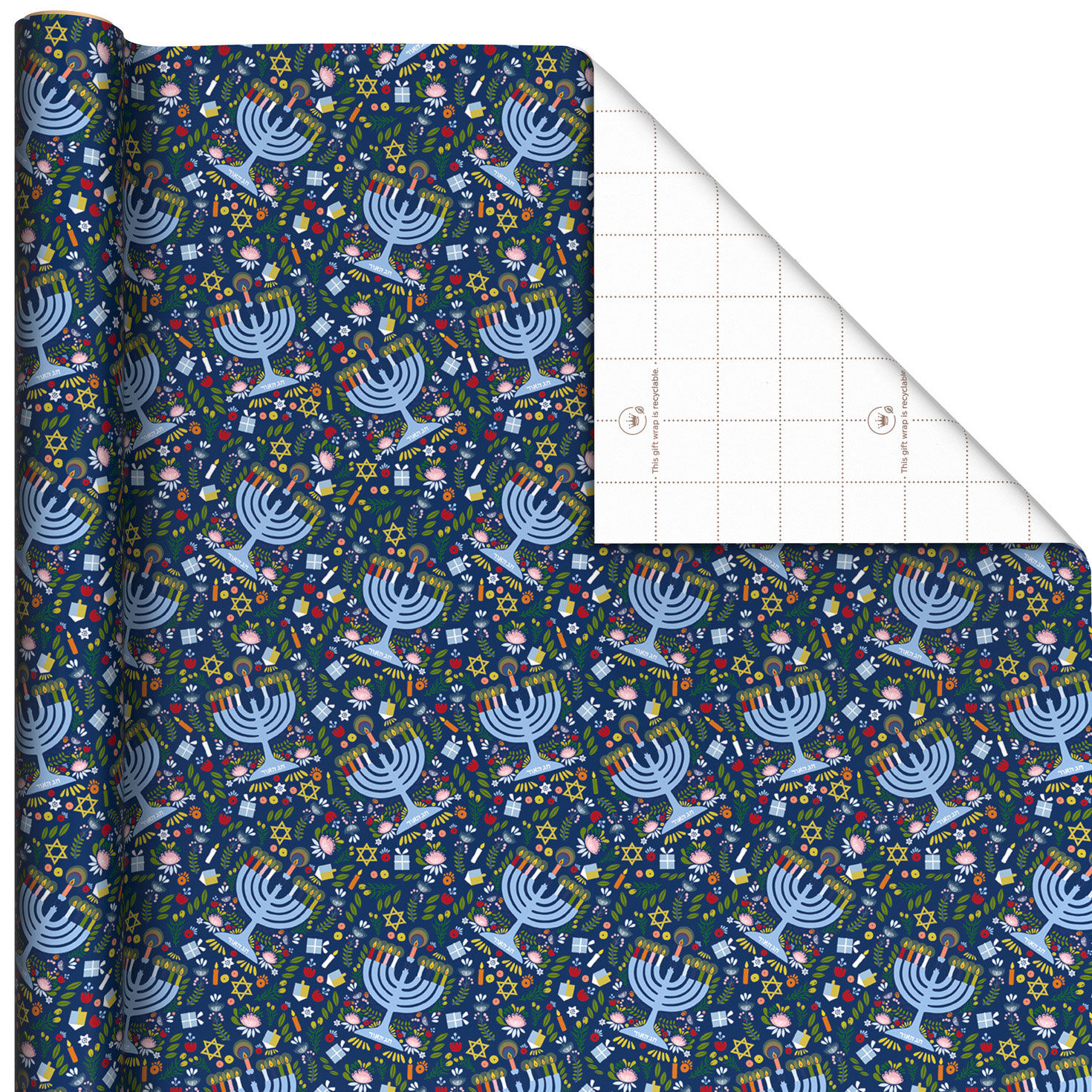 Festive Hanukkah Collage on Navy Wrapping Paper Roll, 35 sq. ft.