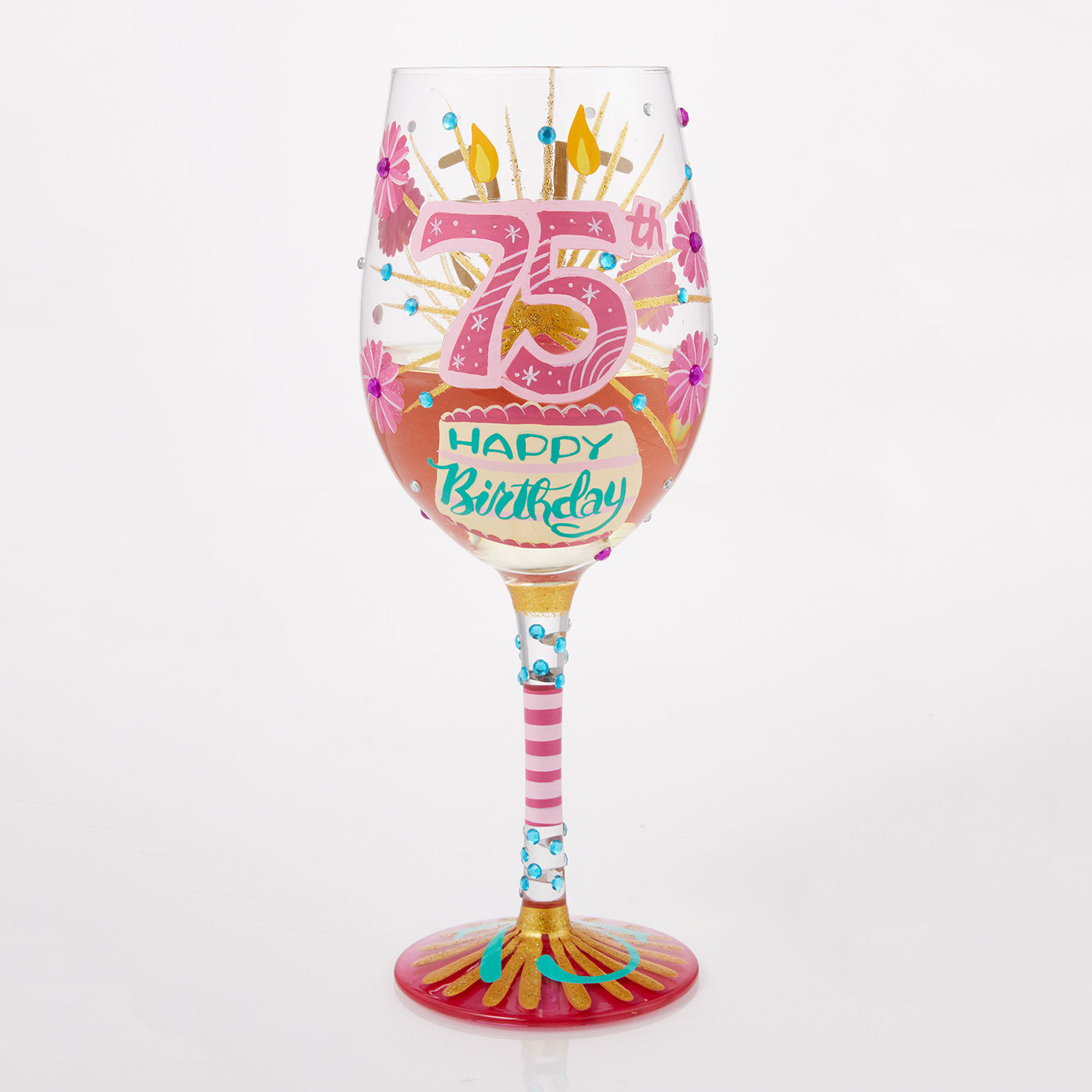 Lolita Happy 75th Birthday Handpainted Wine Glass, 15 oz.