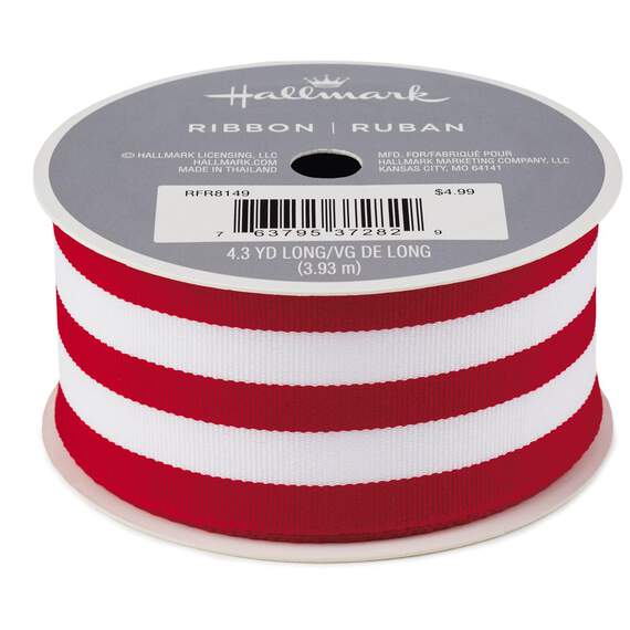 Red and White Striped 1.5" Grosgrain Ribbon, 4.3 yards, , large image number 1