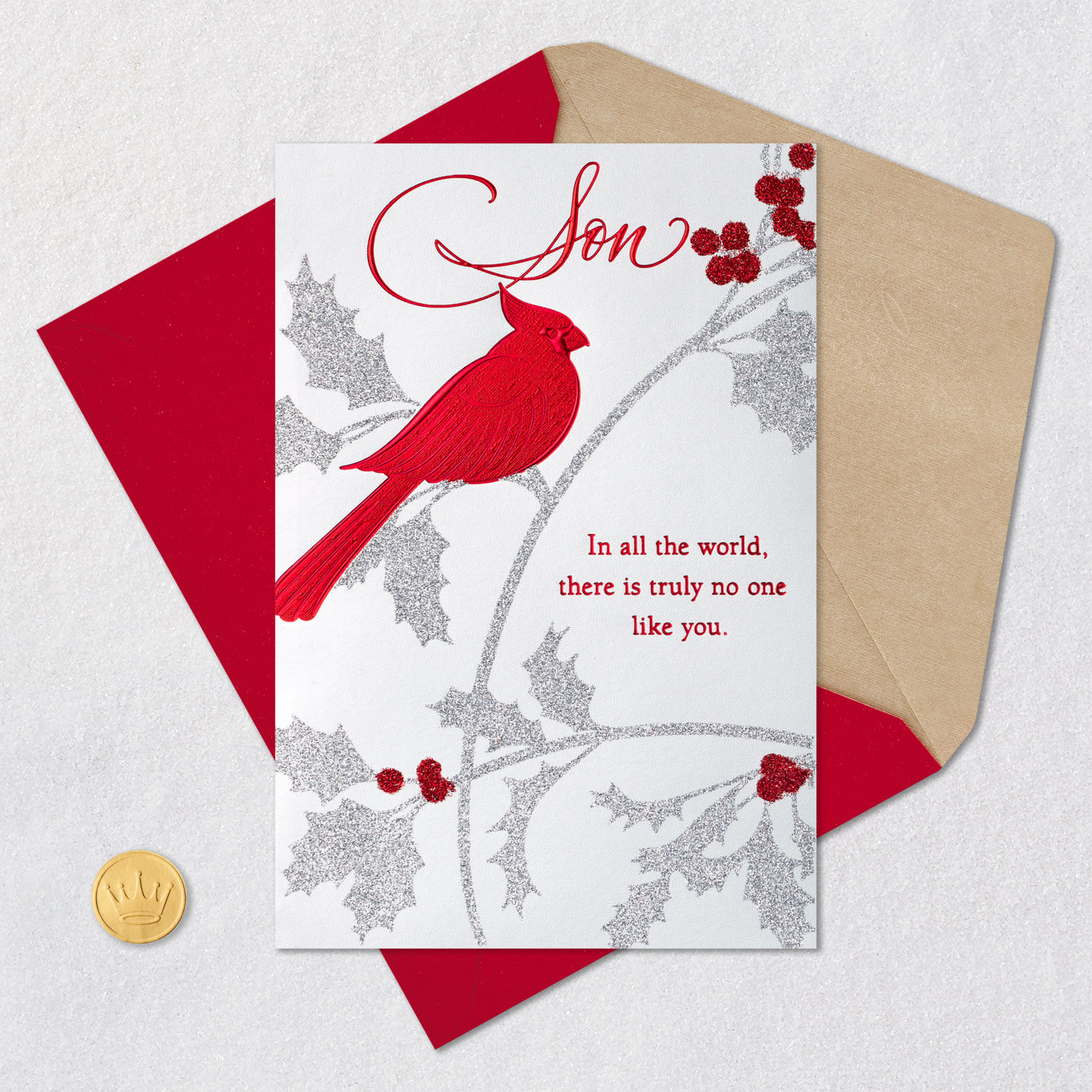 Red Cardinal with Silver Holly Christmas Card for Son Card Front with Envelope and Gold Seal image number 5