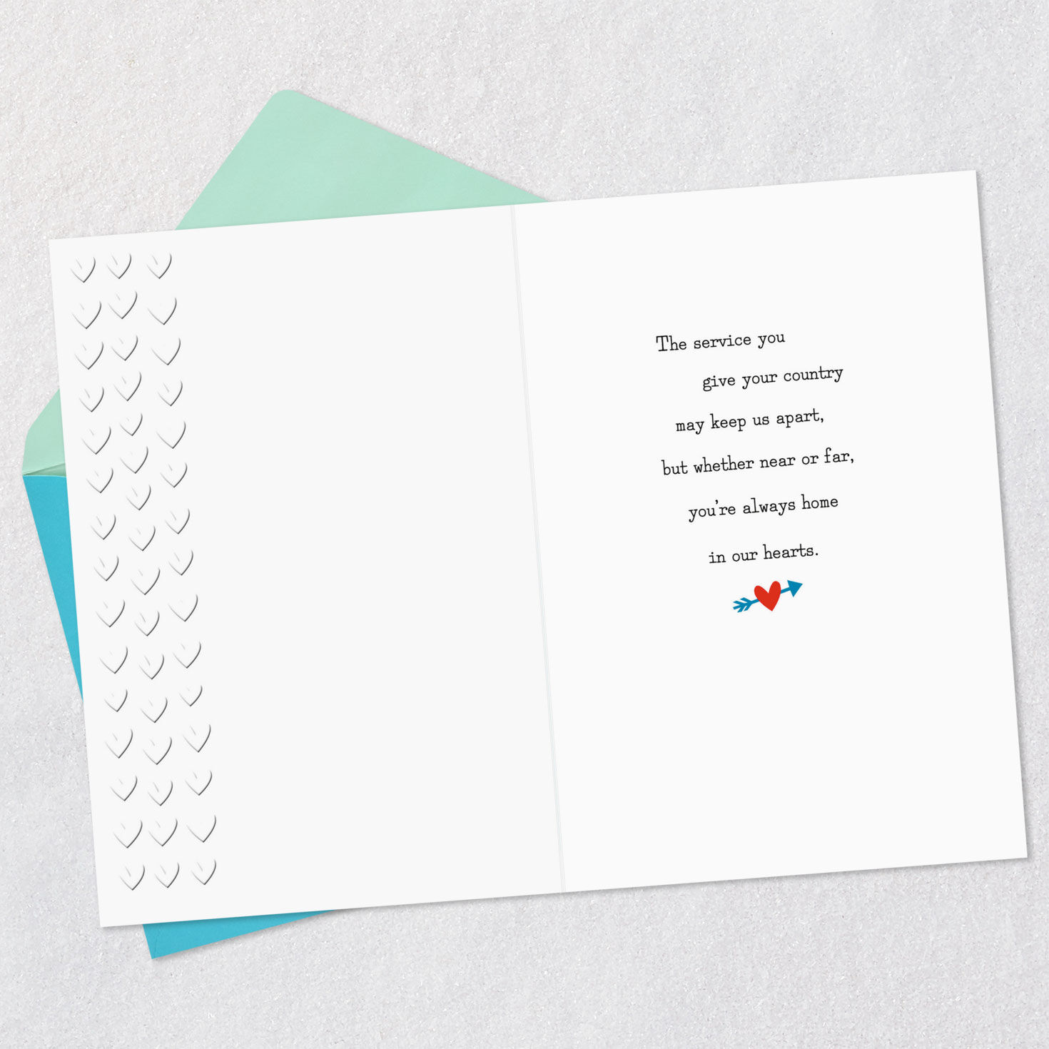 Red, White and Blue Hearts Military Deployment Card Open card with envelope image number 3
