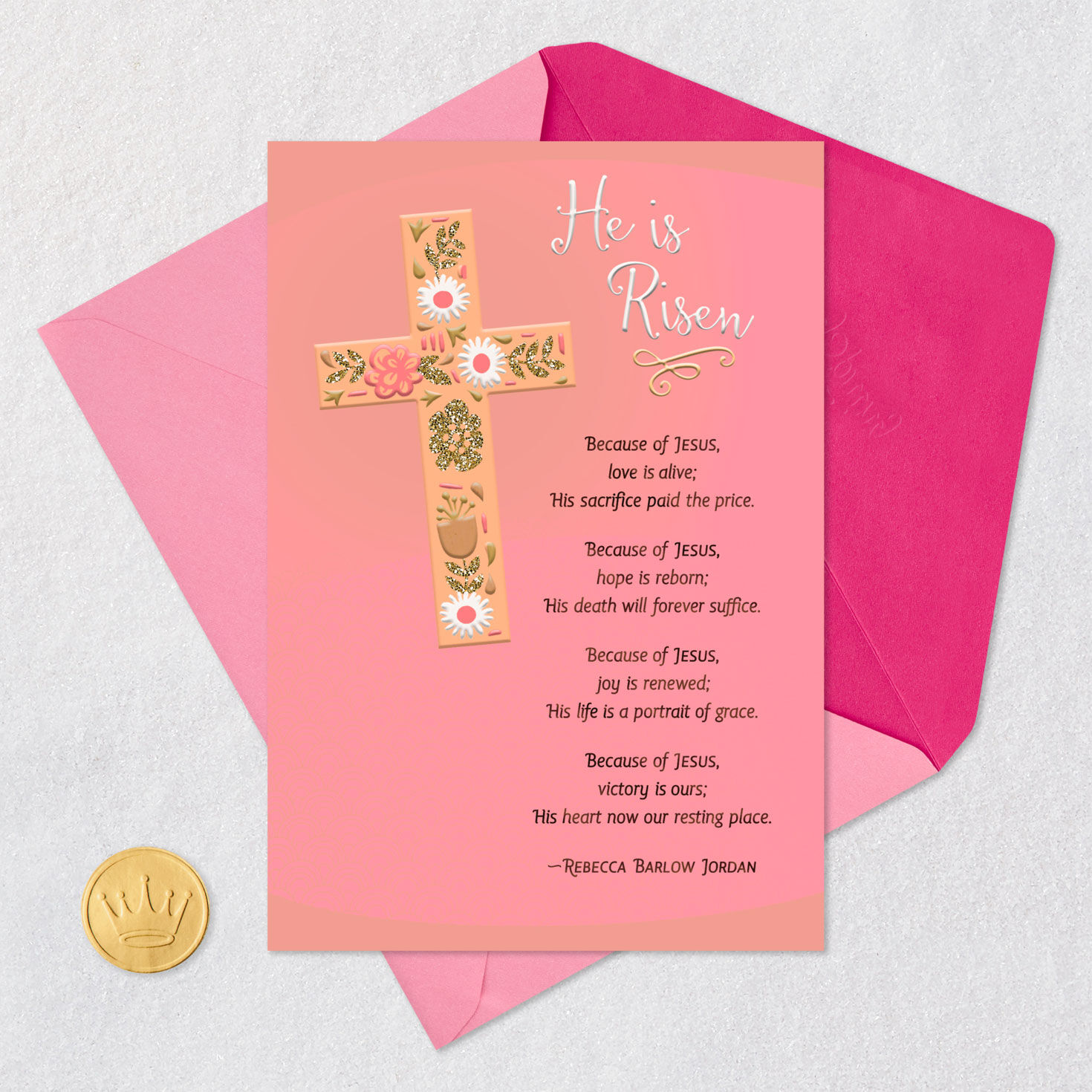 Pink Floral Cross Religious Easter Card Card Front with Envelope and Gold Seal image number 6