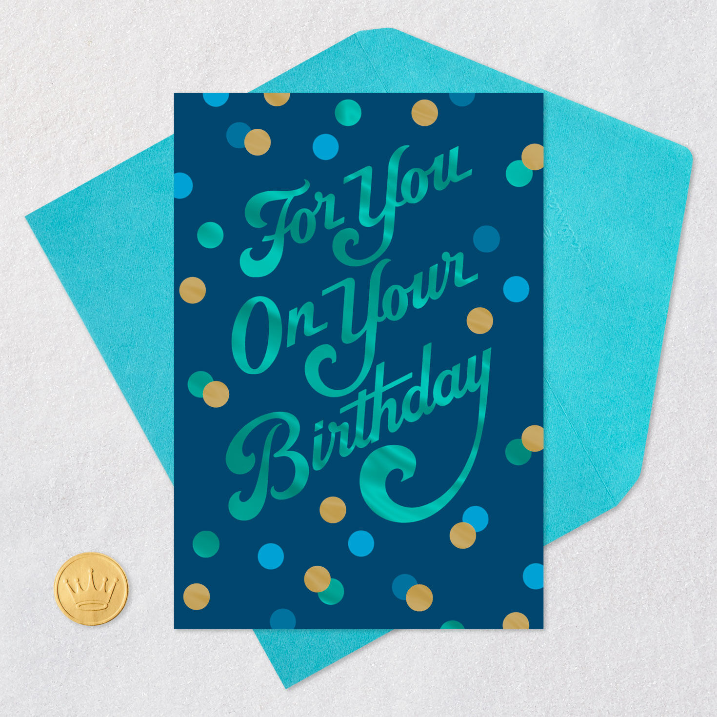Turquoise, Blue and Gold Polka Dots Birthday Card Card Front with Envelope and Gold Seal image number 5