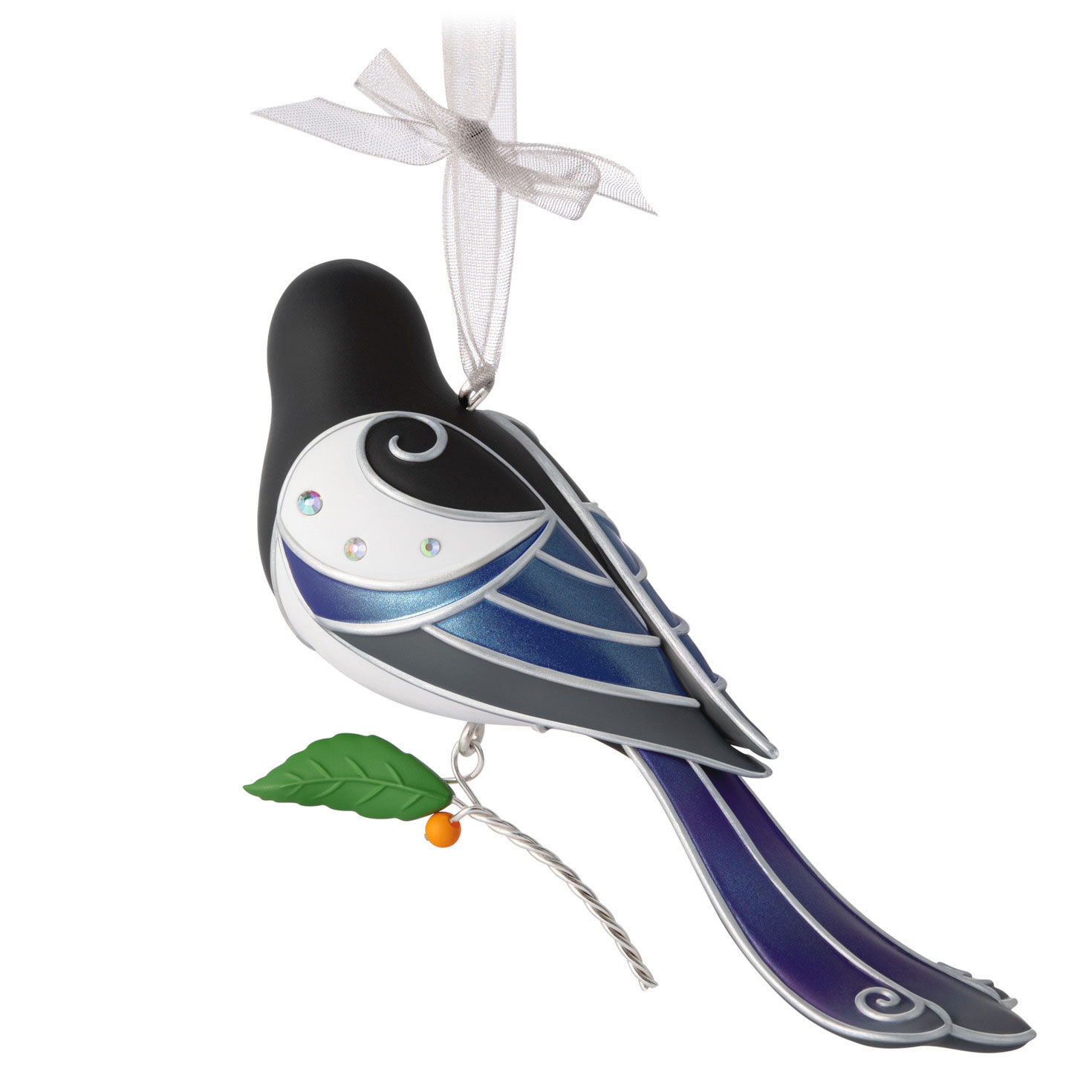 Black Blue and White Bird Keepsake Ornament back image number 6