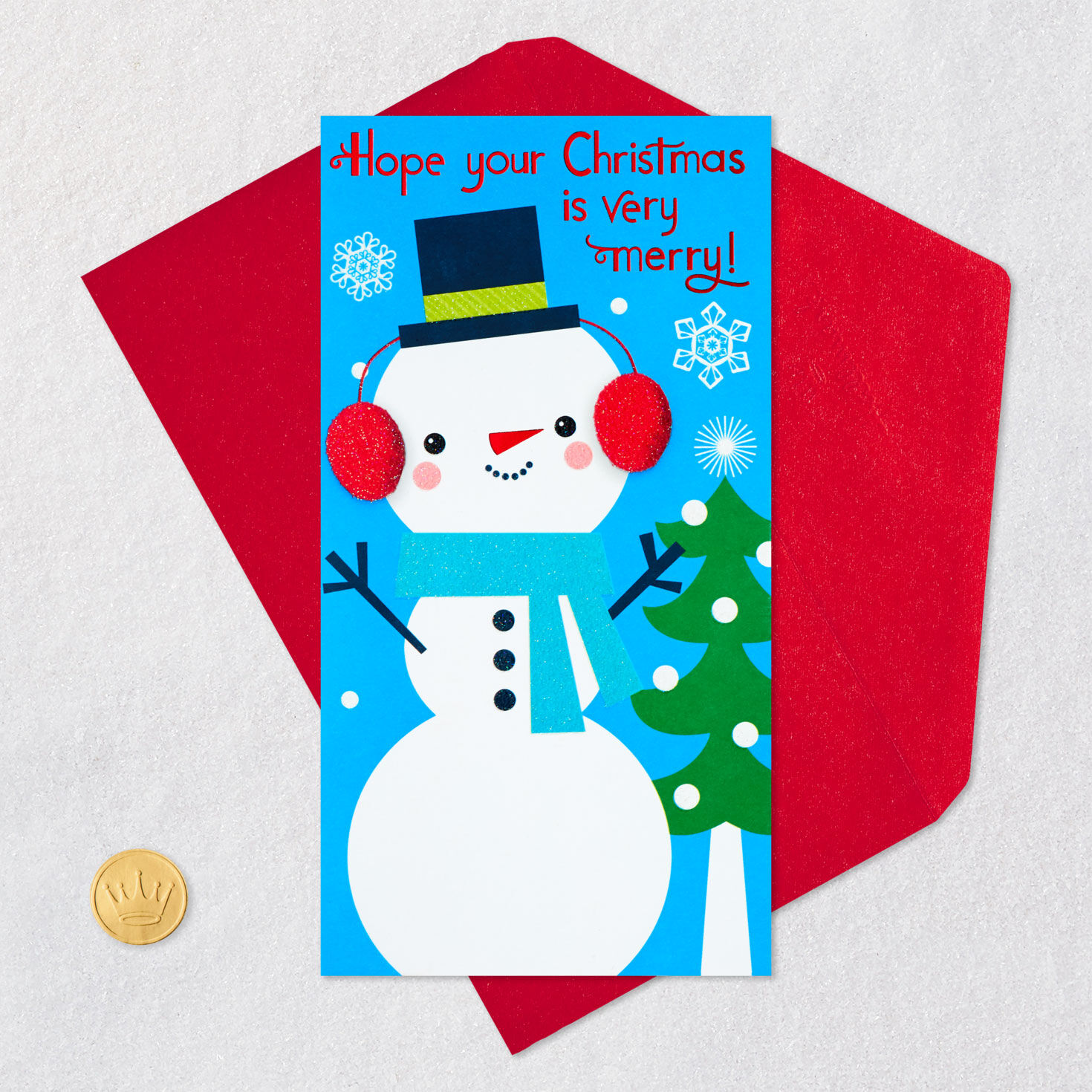 Snowman and Tree Christmas Money Card for Kids Card Front with Envelope and Gold Seal image number 6