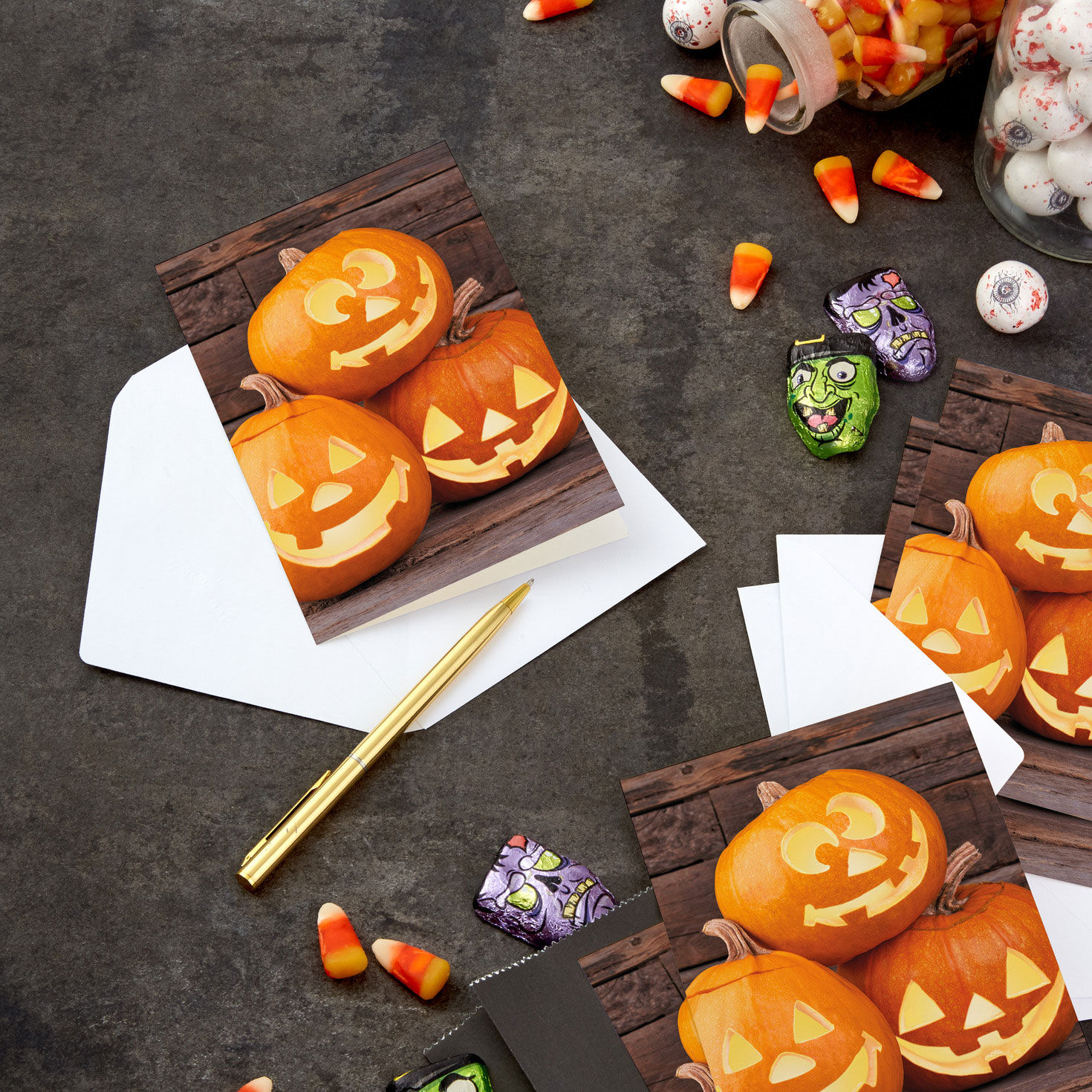 Three Carved Pumpkins Halloween Cards Pack in use image number 7