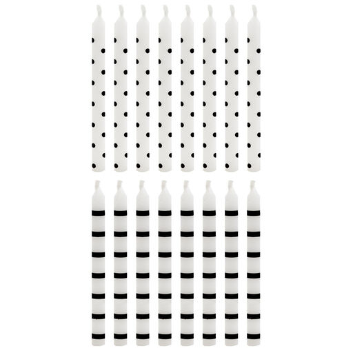 Black Dots and Stripes on White Birthday Candles, Set of 16, 