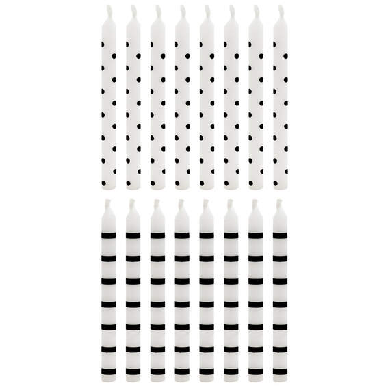 Black Dots and Stripes on White Birthday Candles, Set of 16