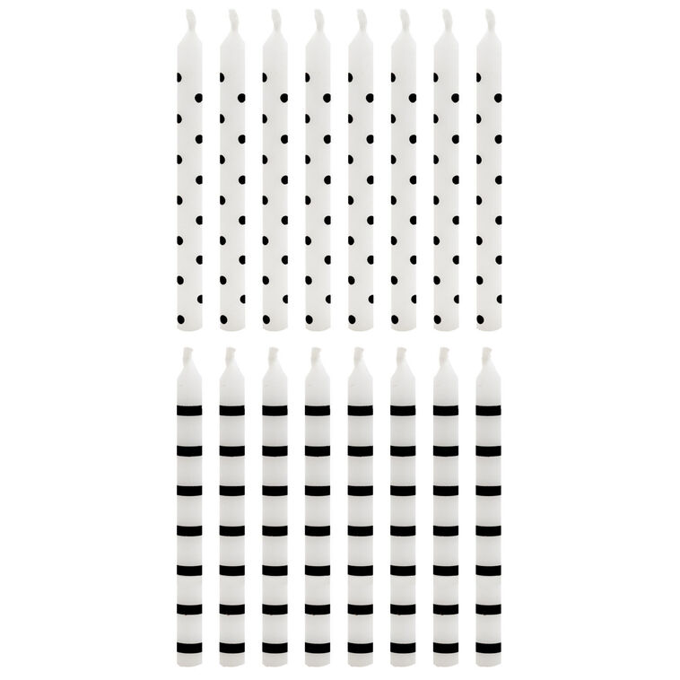 Black Dots and Stripes on White Birthday Candles, Set of 16