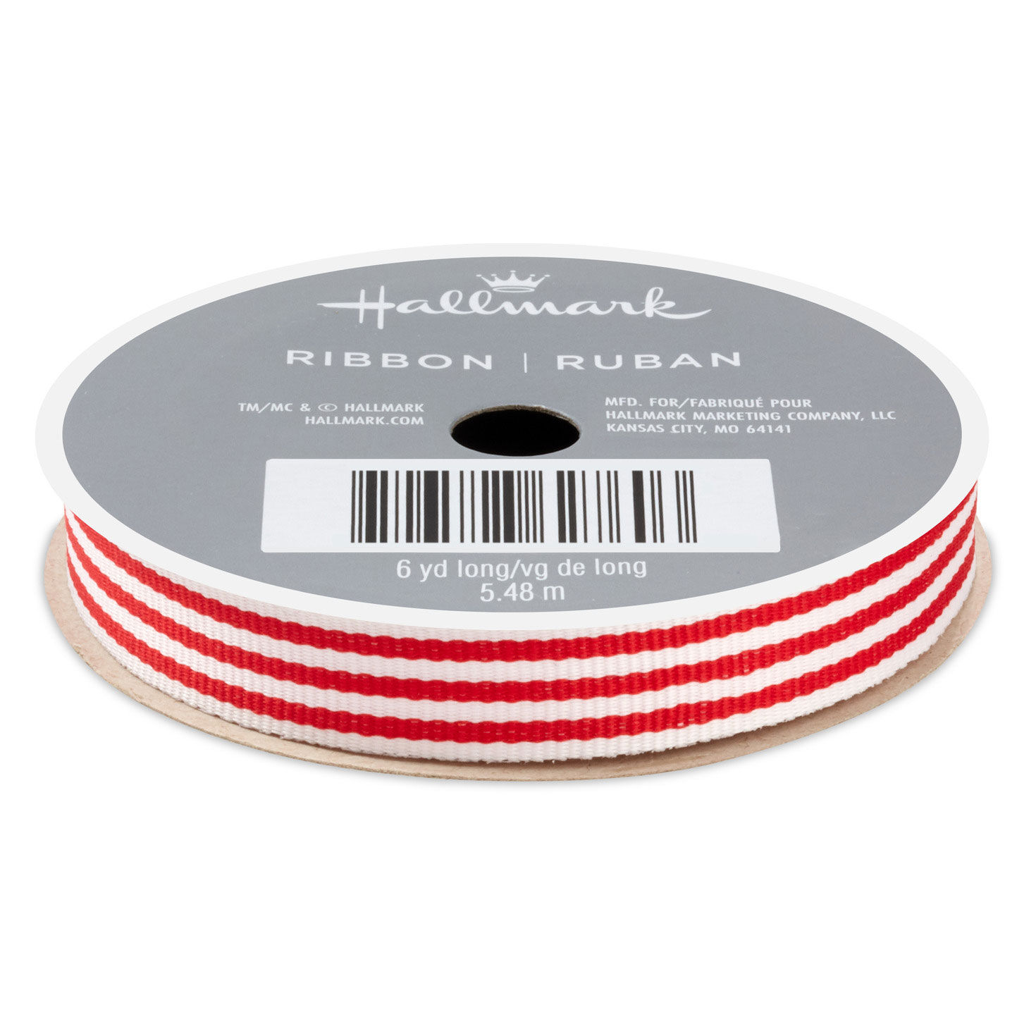0.5" Red and White Striped Holiday Ribbon, 18'