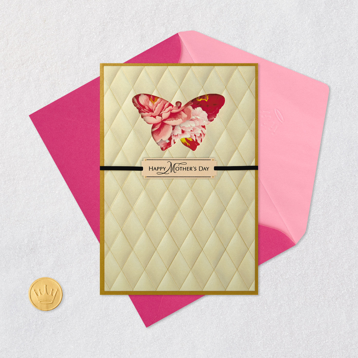 Floral Butterfly on Diamond Pattern Mother's Day Card Card Front with Envelope and Gold Seal image number 5