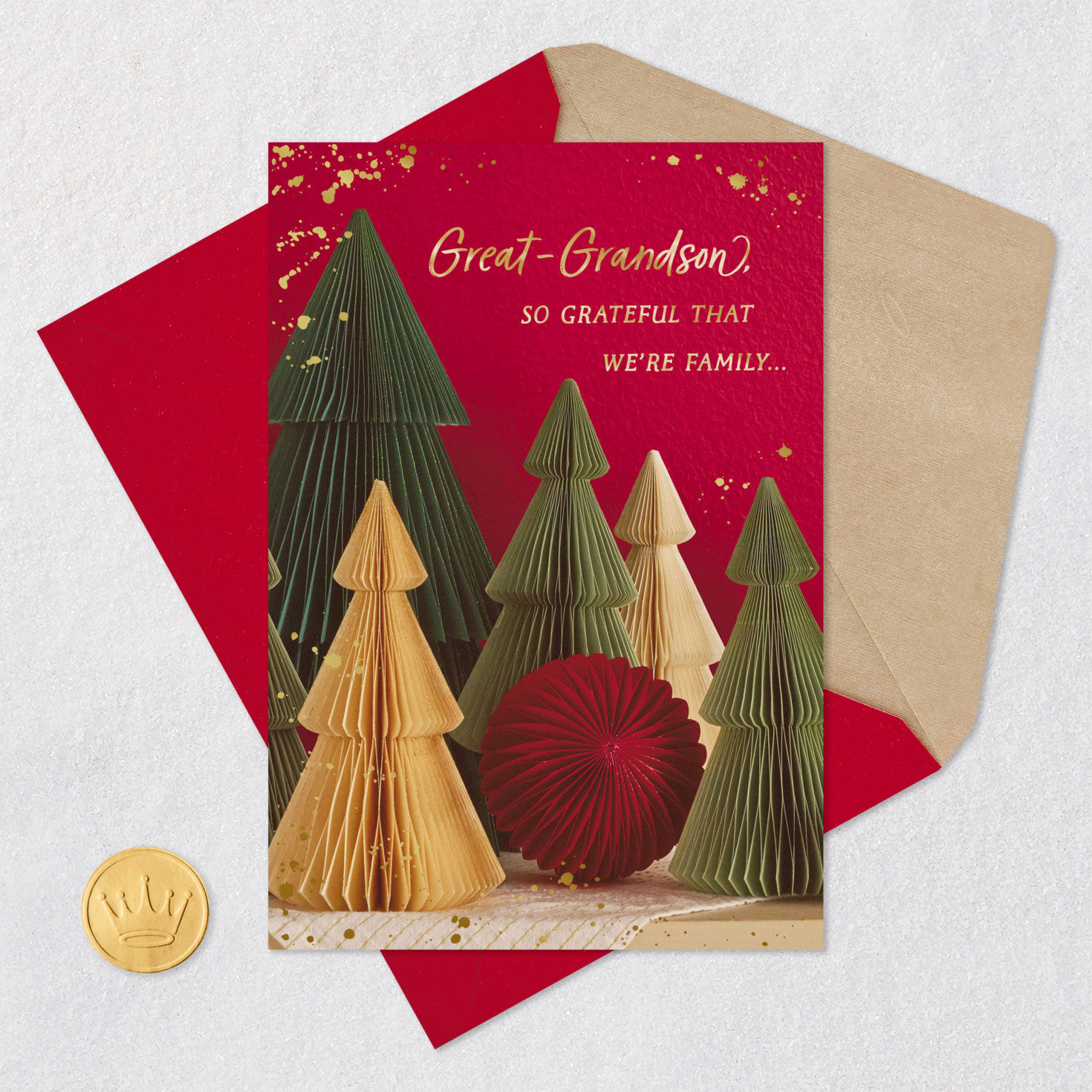 Accordion Paper Tree Christmas Card for Great-Grandson Card Front with Envelope and Gold Seal image number 5