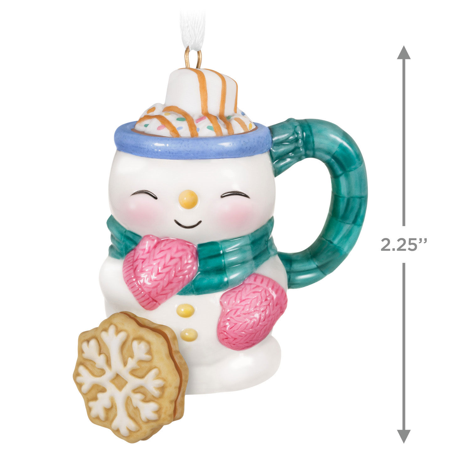 Snowman With Pink Mittens Mug Keepsake Ornament measurement image number 3