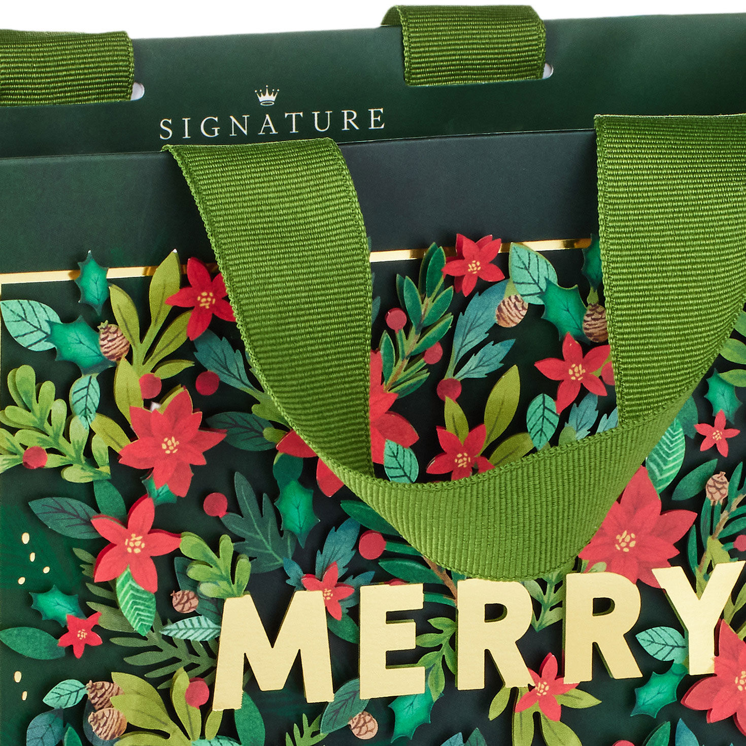 Red Poinsettias on Green Square Holiday Gift Bag Handle Detail image number 4