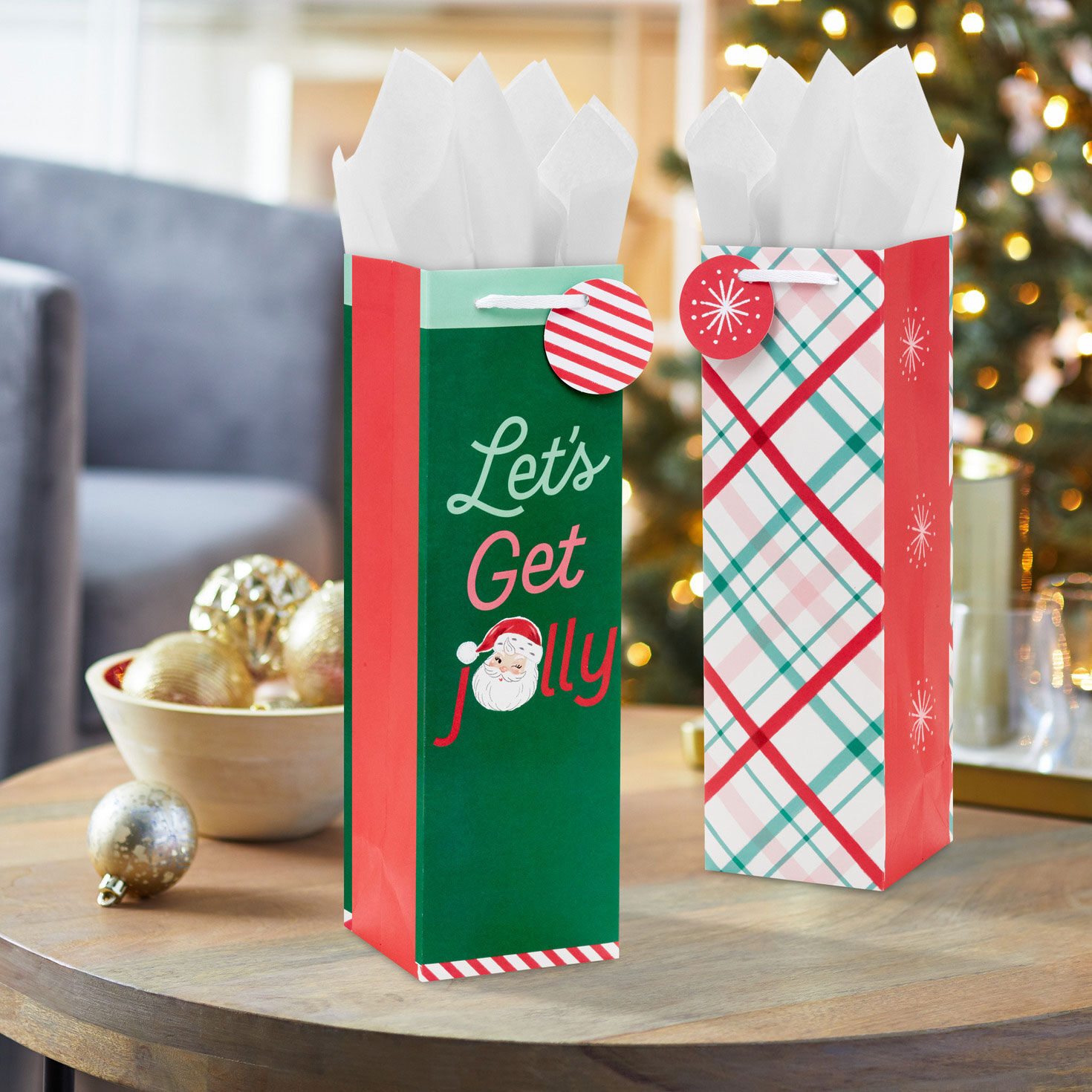 Assorted Red and Green Christmas-Patterned Wine Bags in use image number 2