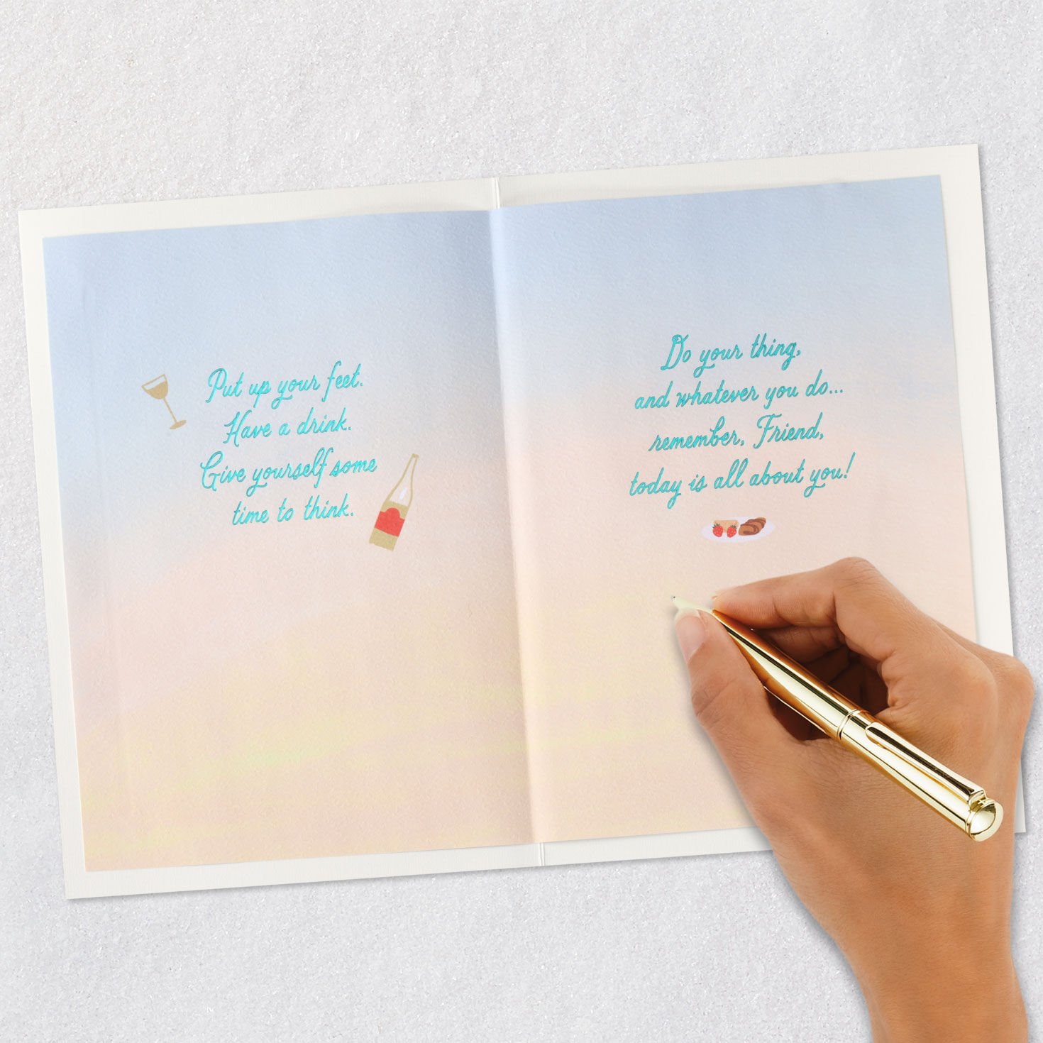 Hallmark birthday greeting card for friend features a calming tableau of a tub full of bubbles in a room with tropical plants, a table with champagne and a white cat resting on the floor. Signing card image number 7