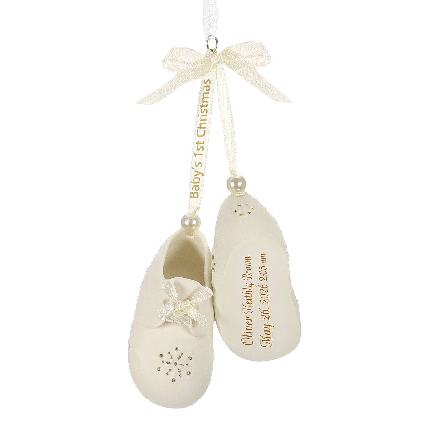 Baby’s First Christmas Booties Porcelain Personalized Ornament, Custom Text