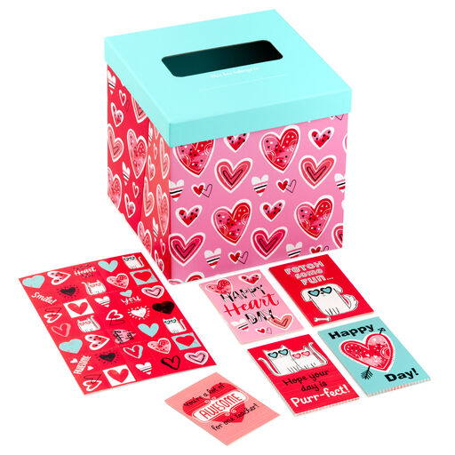 Doodle Hearts Kids Classroom Valentines Set With Cards, Stickers and Mailbox, 