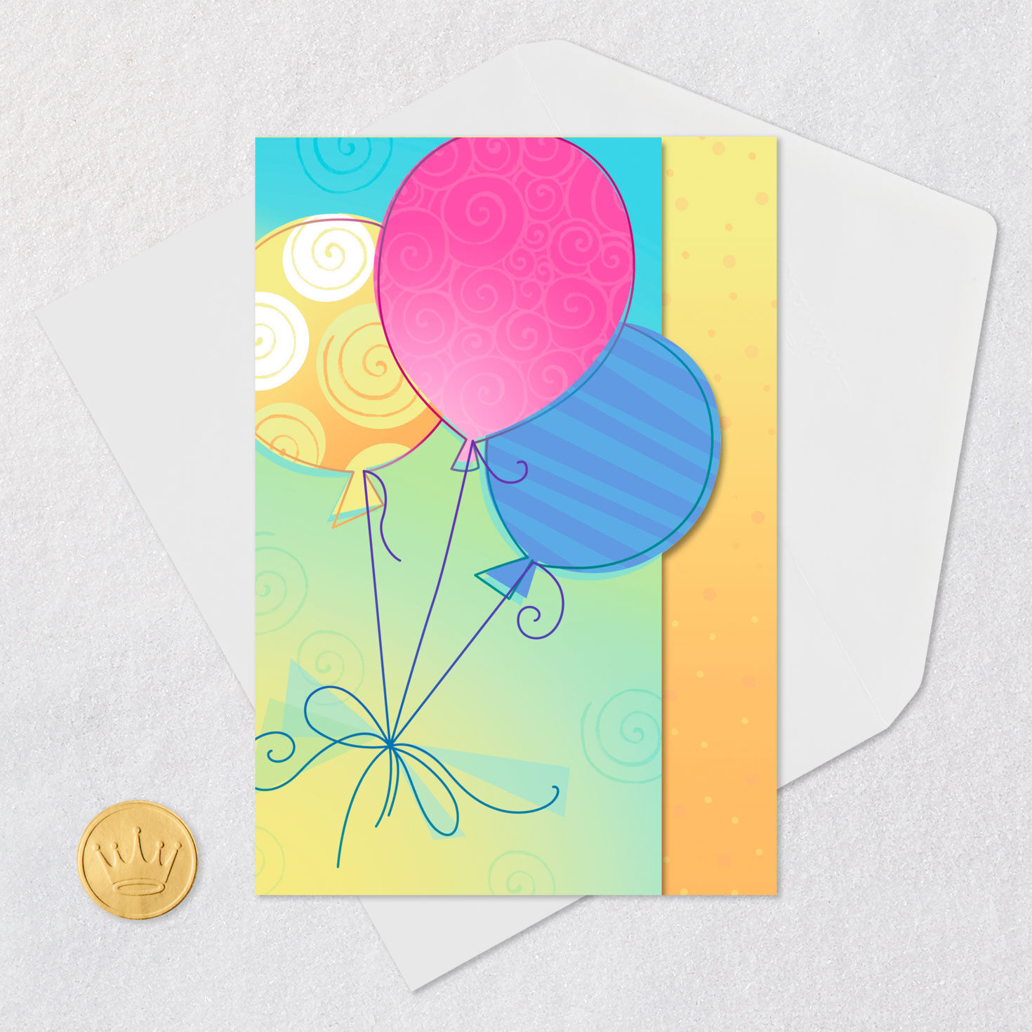 Yellow Pink Blue Balloons Birthday Card in Spanish Card Front with Envelope and Gold Seal image number 5