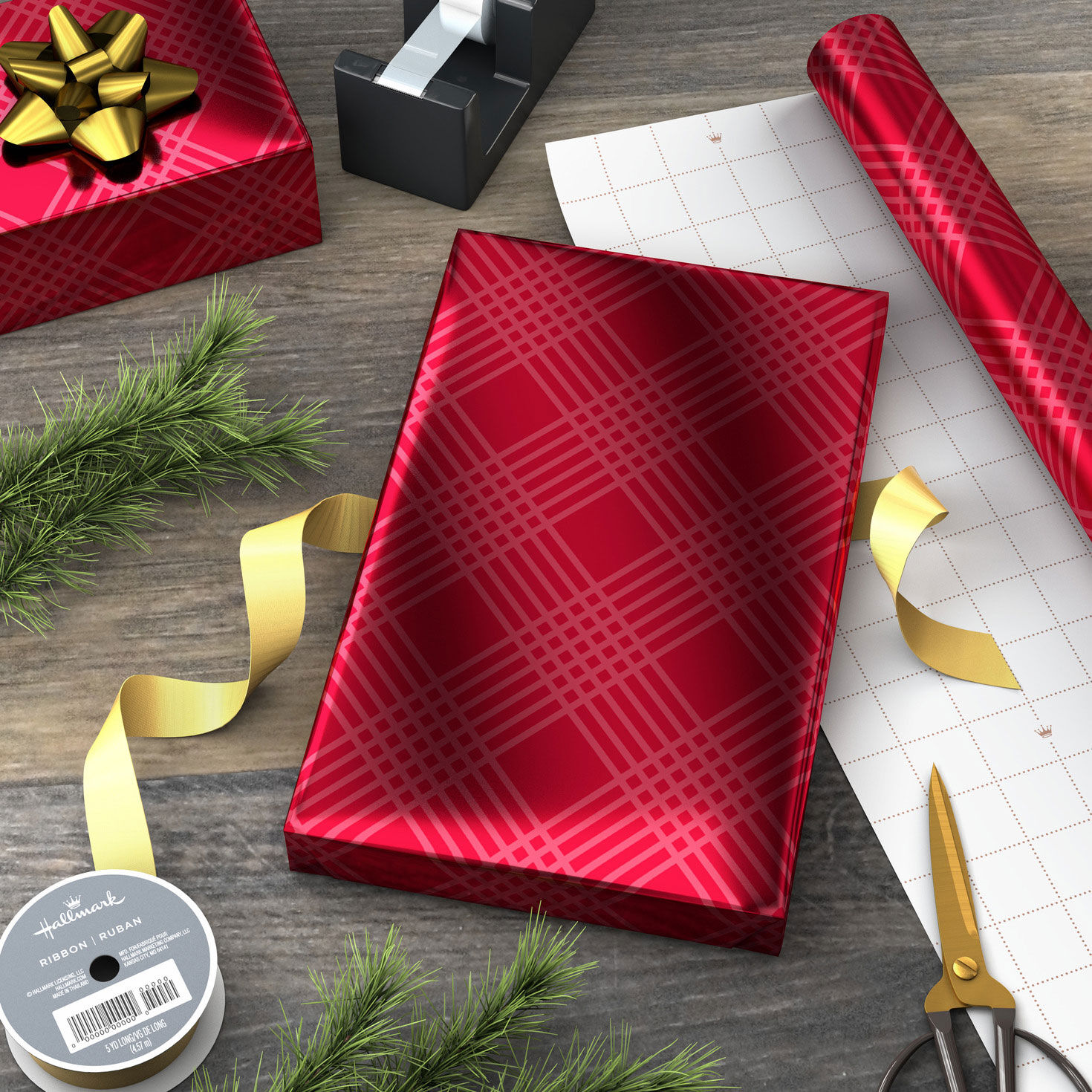 Red Cross-Hatch Metallic Jumbo Christmas Gift Wrap in use image number 3