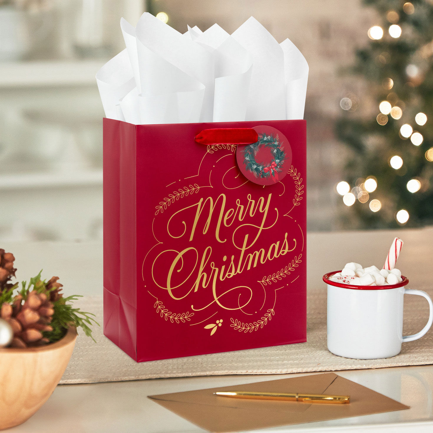 Gold Merry Christmas on Dark Red Medium Gift Bag in use image number 2