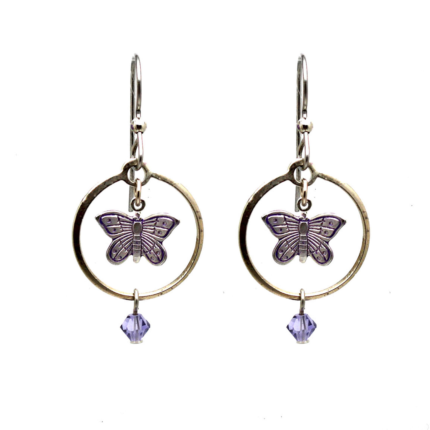 Silver Forest Butterfly in Open Circle Drop Earrings