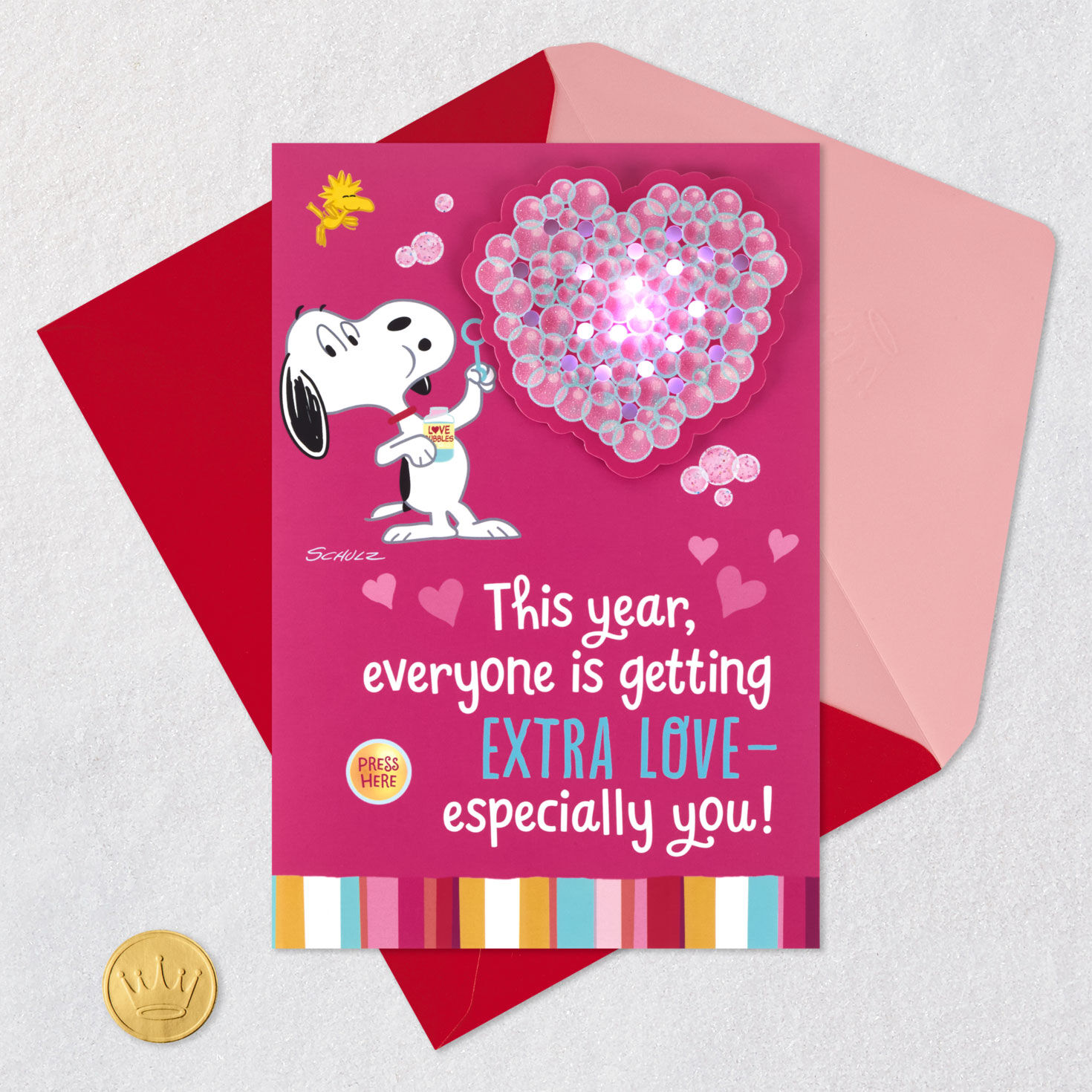 Bubbly Heart Peanuts Valentines Day Card With Music Card Front with Envelope and Gold Seal image number 6