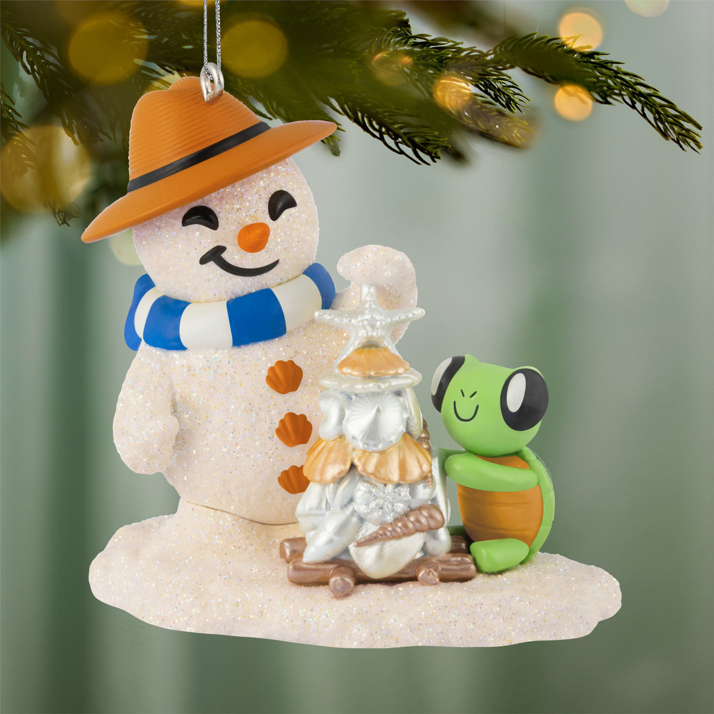 Sand Snowman Turtle Shell Tree Keepsake Ornament hanging on tree image number 2