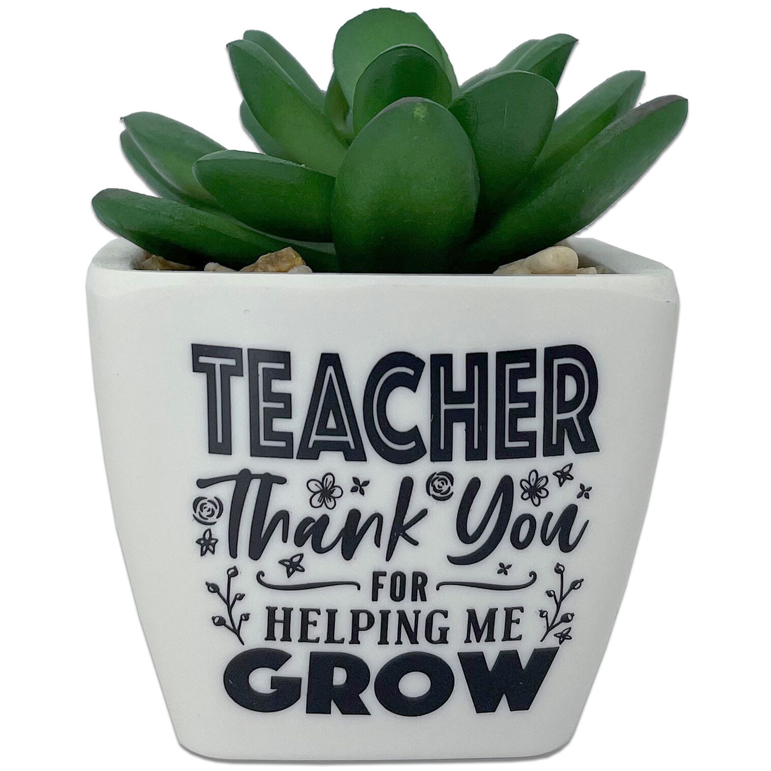 A green faux succulent in a white planter with black text