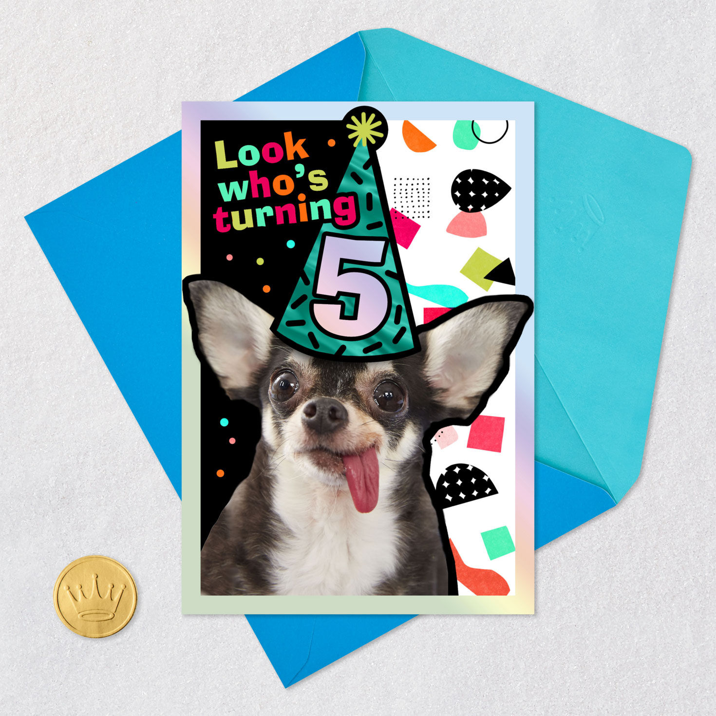 Chihuahua Dog in Party Hat 5th Birthday Card Card Front with Envelope and Gold Seal image number 5