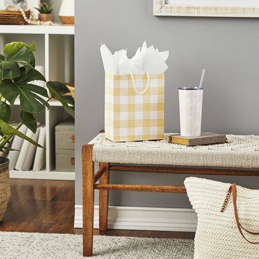 9.6" Yellow Gingham Check Medium Gift Bag, 