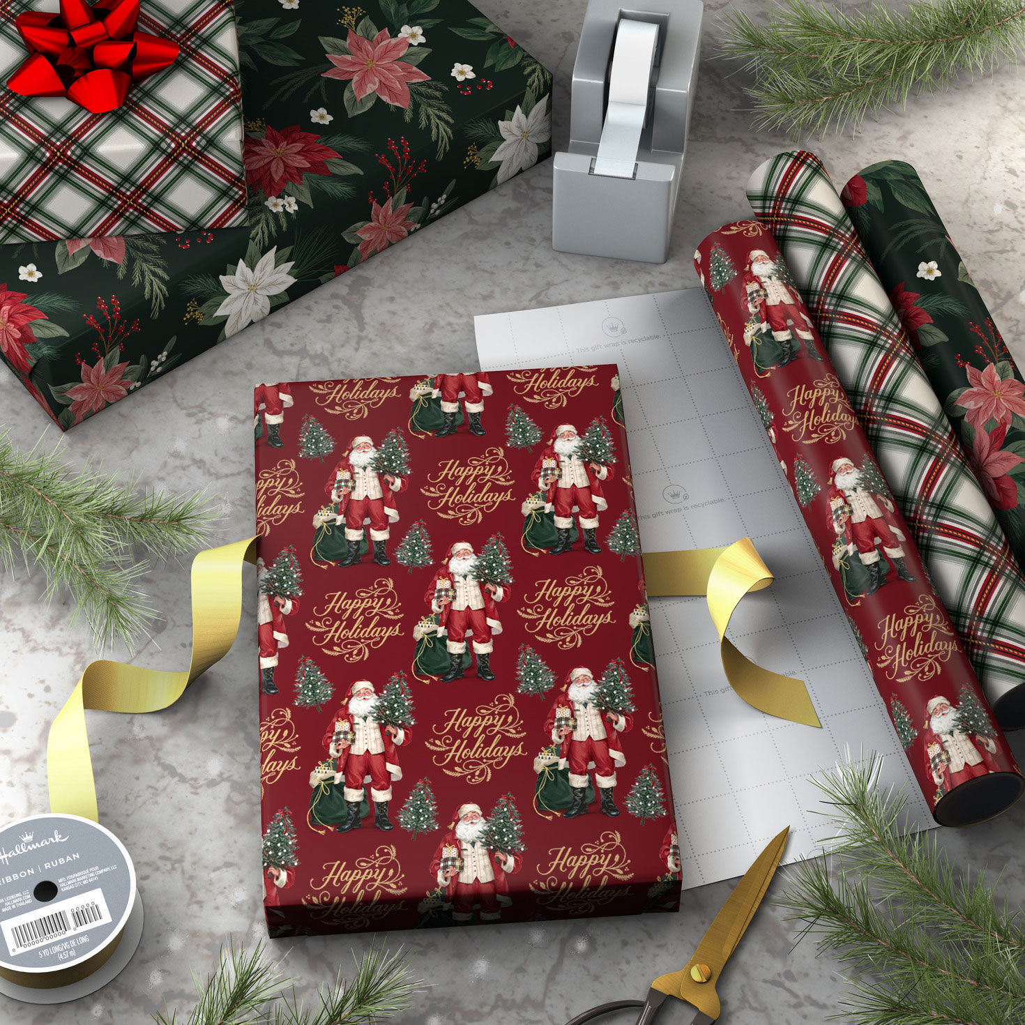 Red and Green Plaid 3-Pack Mini Xmas Gift Wrap Rolls in use image number 3