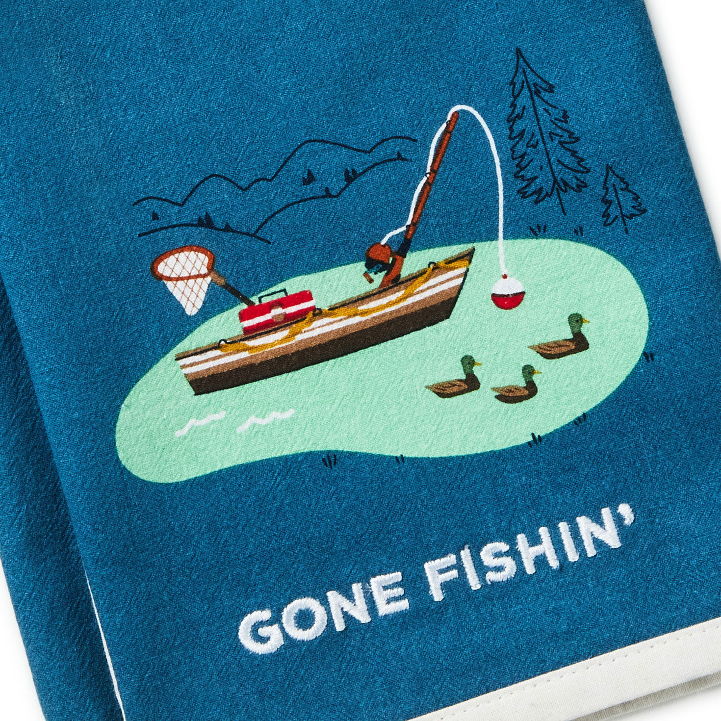 Gone Fishing Blue Kitchen Towel closeup view image number 3