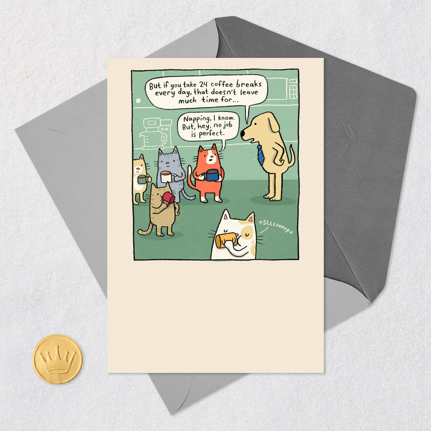 Dog and Cats Office Workers Funny Boss's Day Card Card Front with Envelope and Gold Seal image number 5