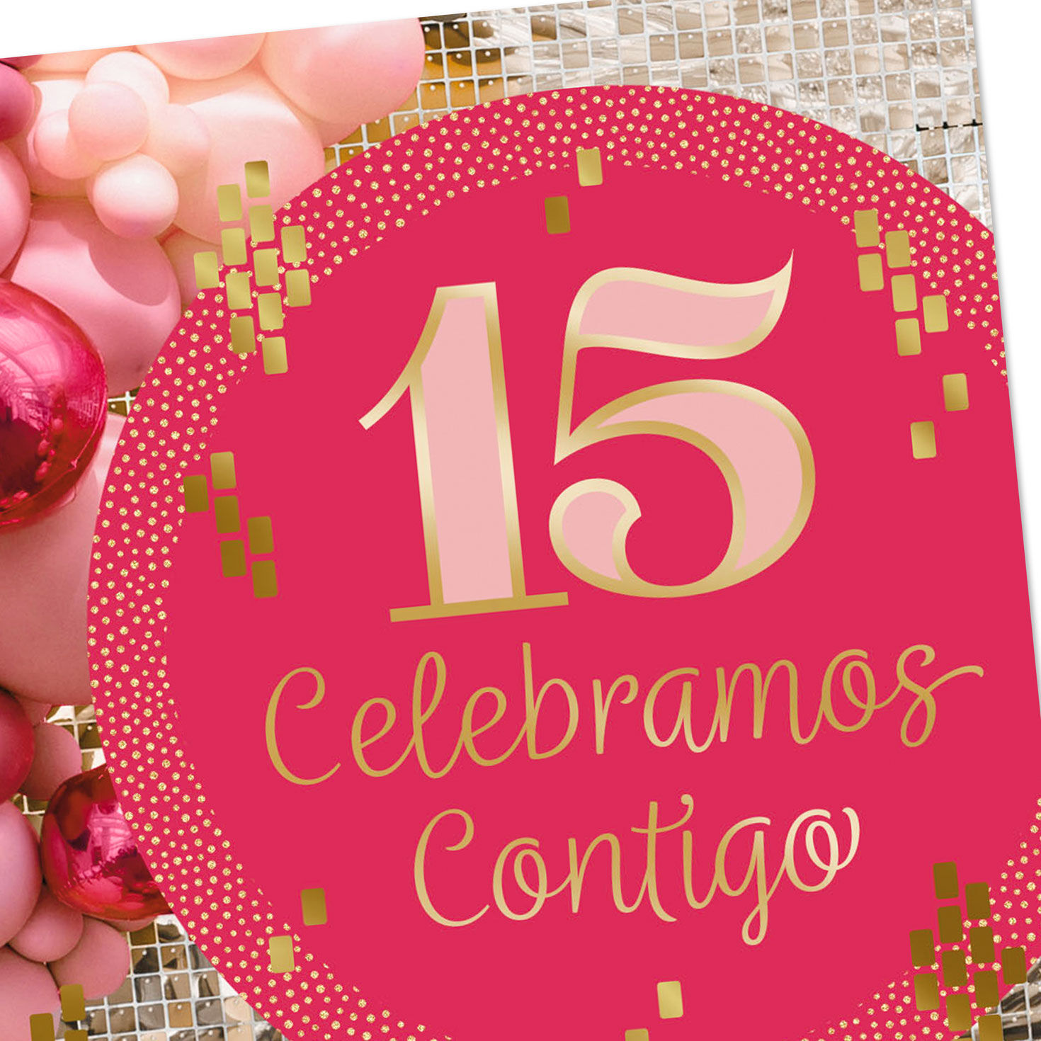 Pink Balls on Reflective Gold 15th Birthday Card in Spanish Card Front Detail image number 4