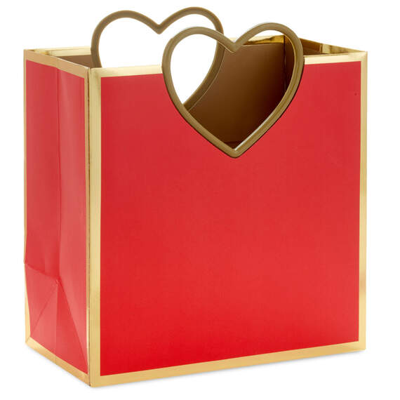 7.7" Gold Heart Handle Medium Red Square Gift Bag